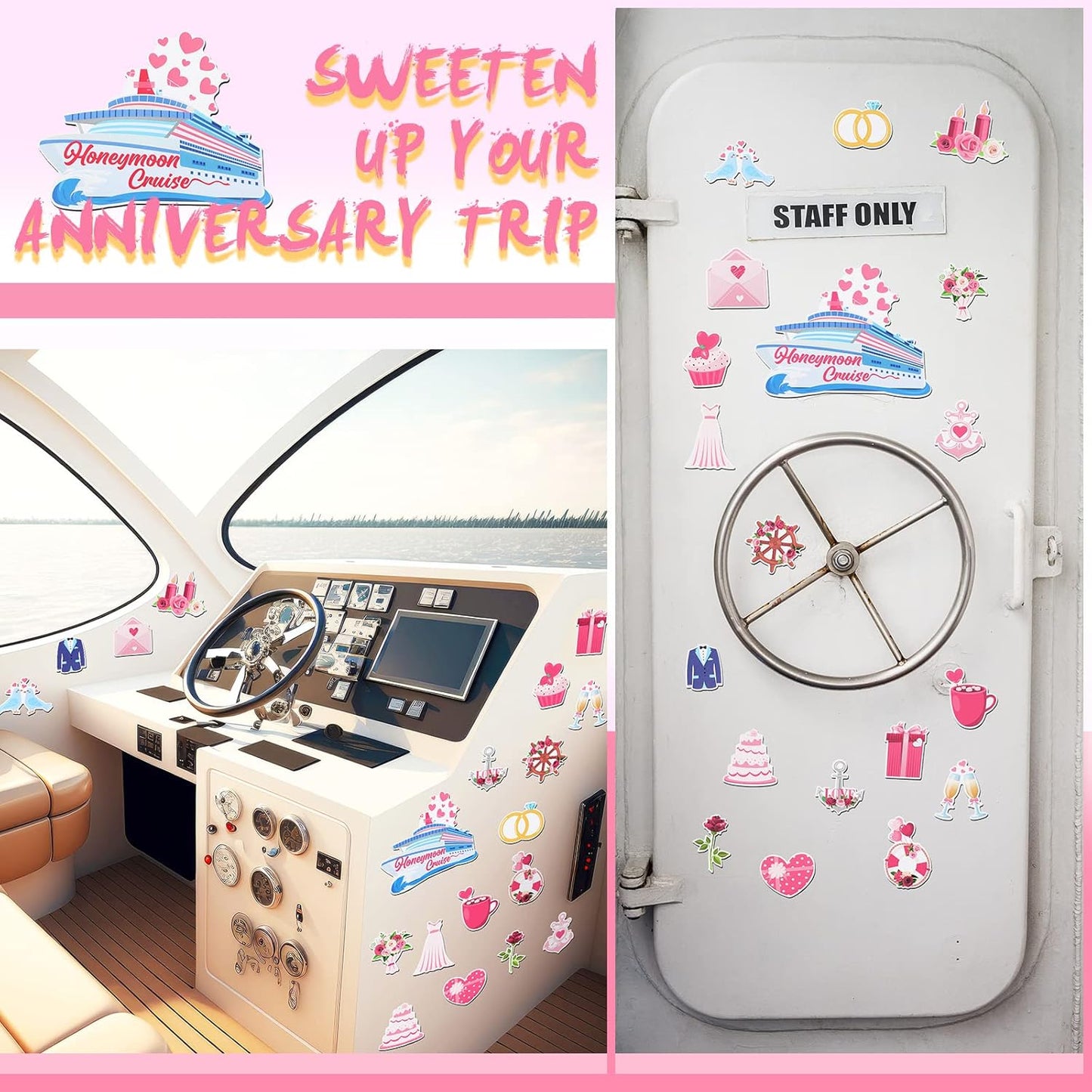 Oudain 19 Pcs Honeymoon Cruise Door Decorations Wedding Cruise Door Magnets Anniversary Sign Wedding Car Ship Magnets for Honeymoon Carnival Party Decor