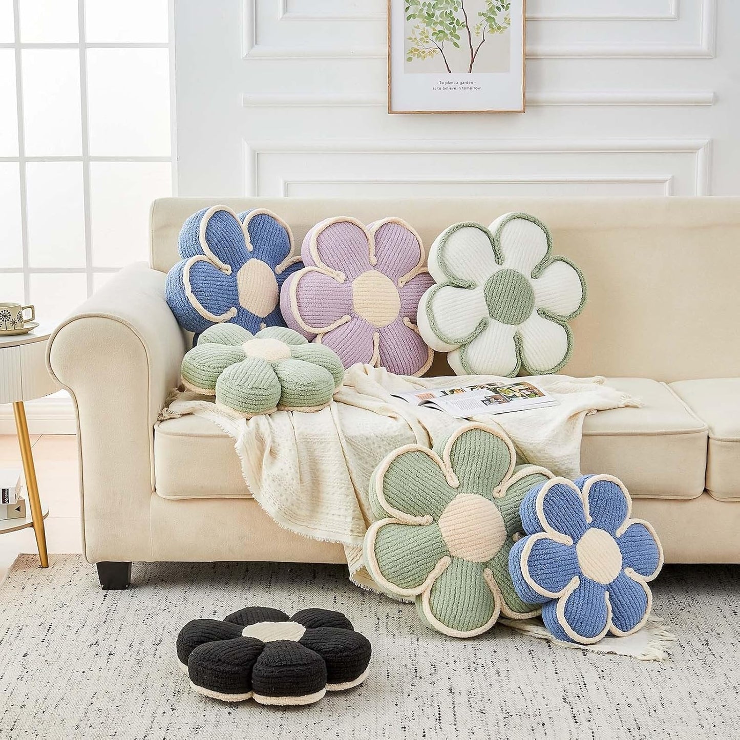 Flower Pillow, Soft Flower Decorative Throw Pillow, Cute Daisy Flower Shaped Seating Floor Cushion Room Décor Plush Pillows for Sofa Couch Bed (17.7 Inch, Lavender)