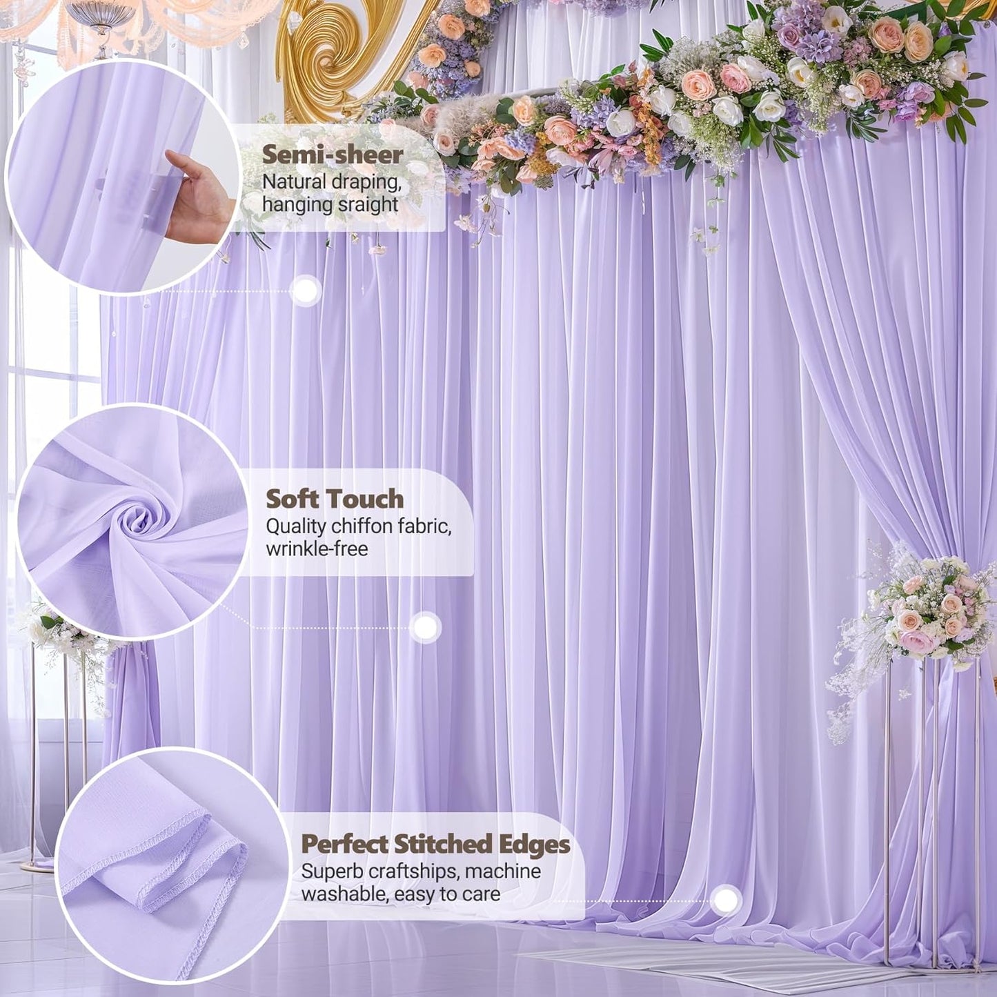 10ft x 10ft Lilac Backdrop Curtains, Wrinkle-Free Sheer Chiffon Fabric Photo Backdrop Drapes for Wedding Arch Party Ceremony Stage Photography Decorations