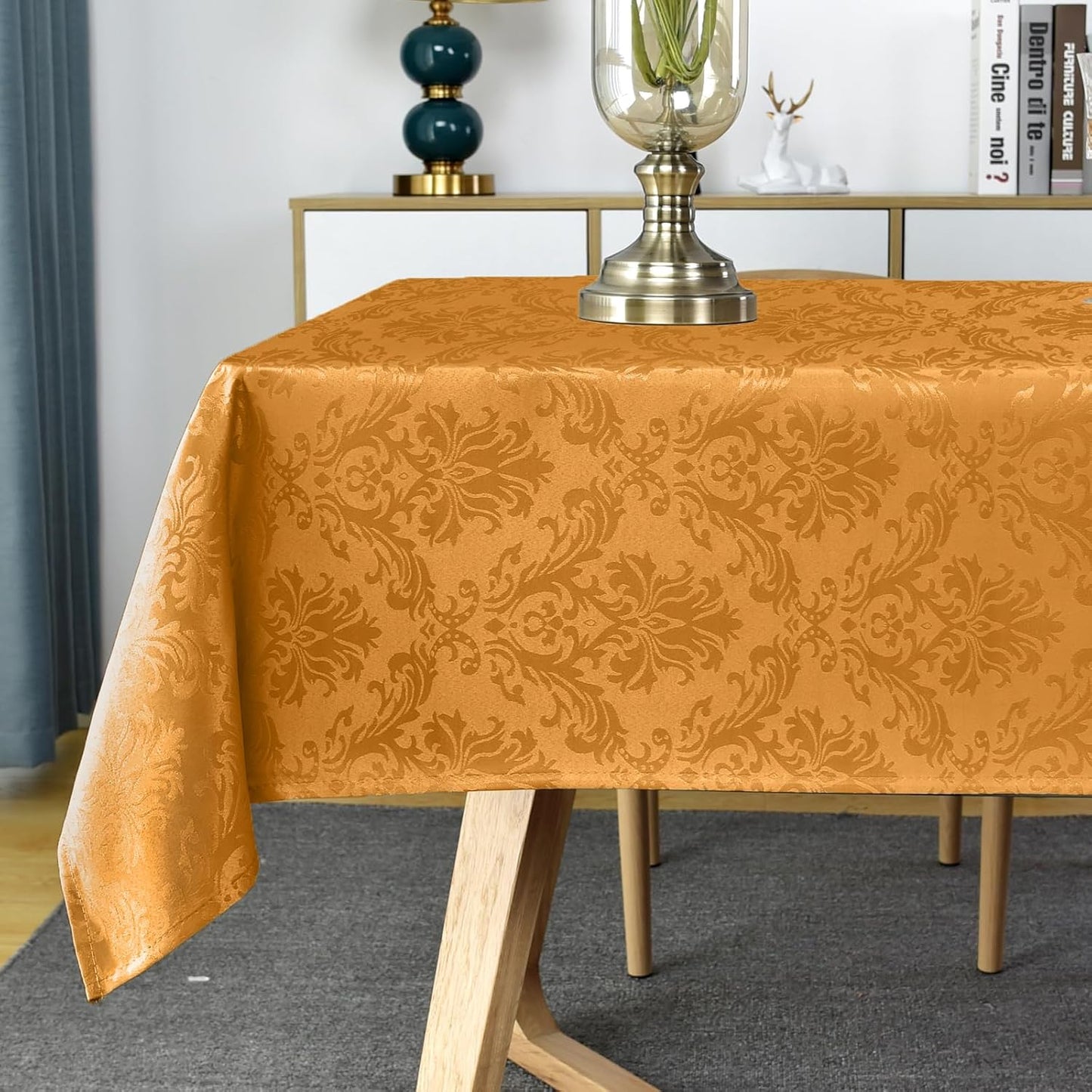 SASTYBALE Amber Rectangle Jacquard Tablecloth, Spill Wrinkle Proof Damask Table Cloth for Rectangle Tables, Rectangular Harvest Fall Inddor Outdoor Tablecloths, 52 x 70 Inch Amber