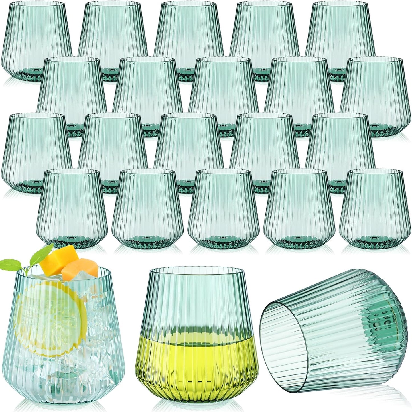 Suclain 50 Pcs Plastic Wine Glasses Ribbed Stemless Wine Glasses 14oz Vertical Design Unbreakable Cups for Outdoor Indoor Vintage Elegant Champagne Whiskey Cups for Party Wedding (Green)
