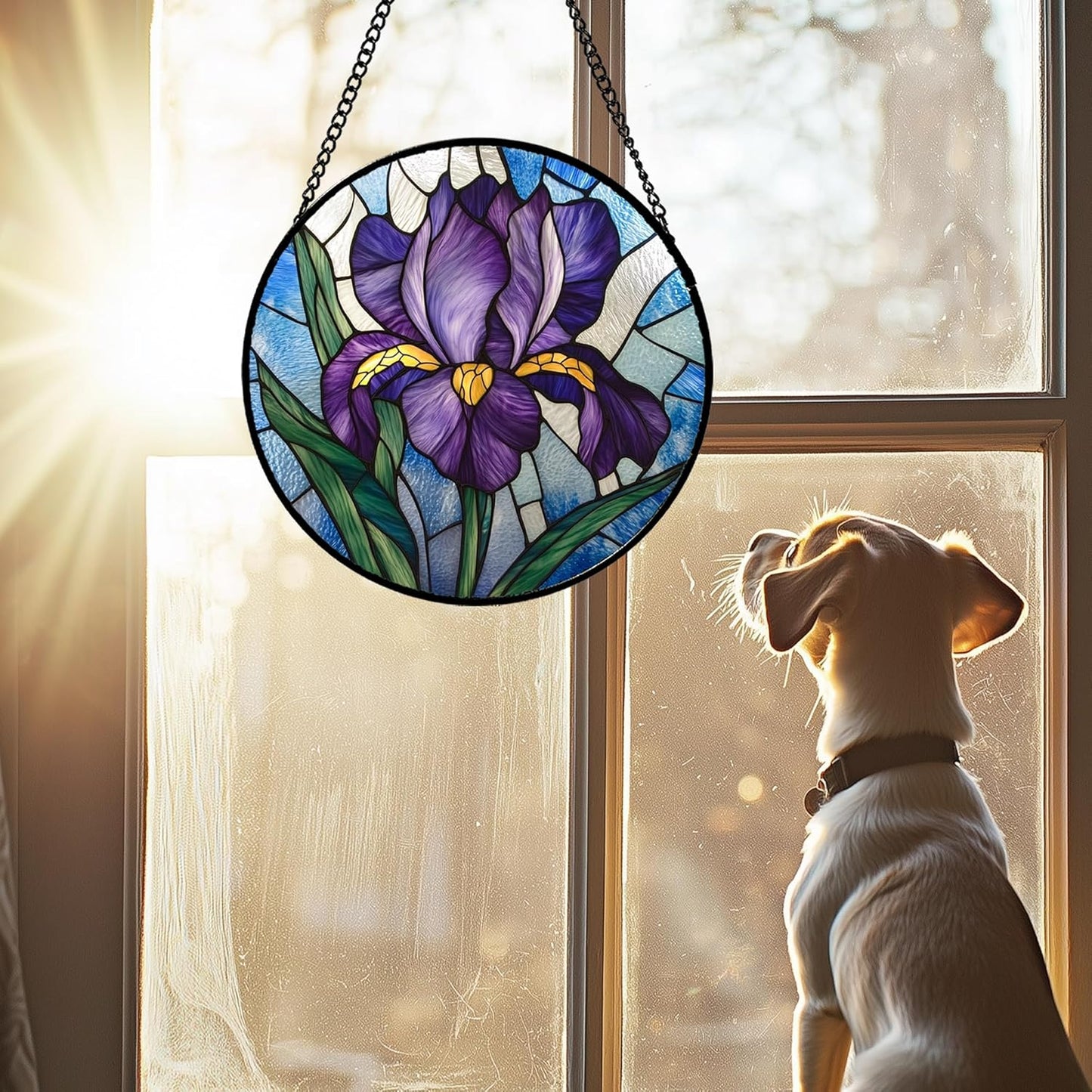 Stained Glass Window Hanging - Iris Birth Flower Suncatcher for Doors Garden Yard Purple Blue Sun Catchers Decor Christmas Mother's Day Birthday Gifts for Teacher Women Mom Nana 6.3 in