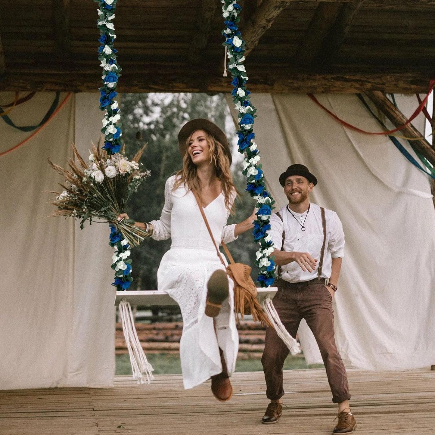 16Pcs 126Ft Royal Blue&White Rose Garland, Fake Rose Hanging Flowers, Artificial Flower Vine, Hanging Floral Vine Garland for Wedding, Wall Arch, Halloween, Christmas Garden Backdrop Decor