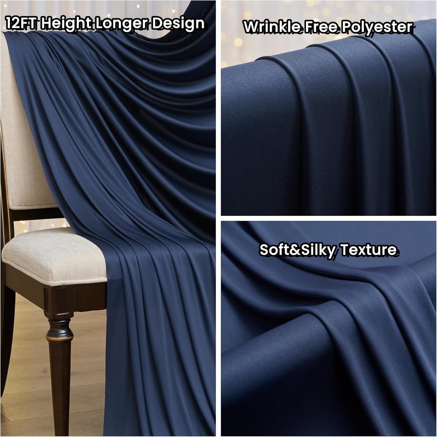 30ftx12ft Wrinkle Free Navy Blue Backdrop Curtain, 6 Panels 12FT Height Navy Blue Wedding Backdrop Drapes, Silky Polyester Back Drop Cloth for Birthday Photography Background Party Backdrop Draping