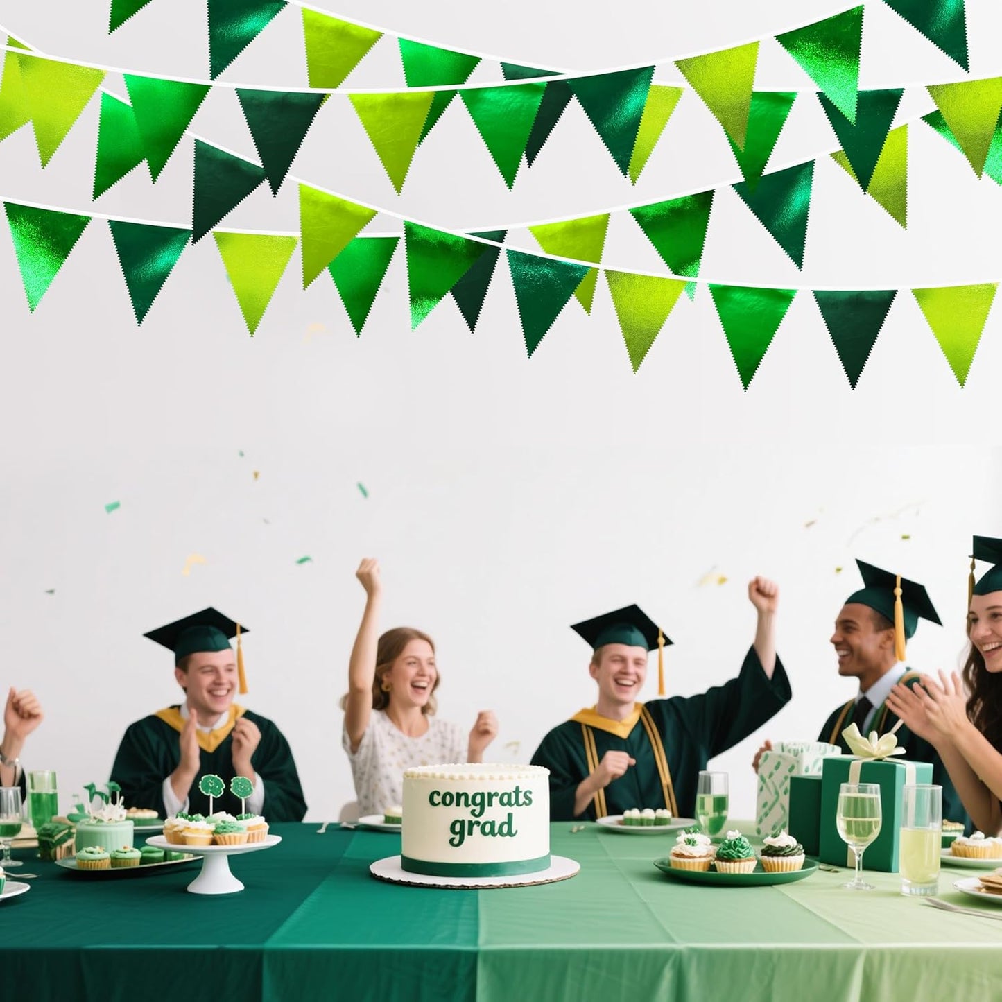 Gradient Green Party Decorations Metallic Fabric Ombre Green Triangle Pennant Banner Flag Bunting for Graduation Birthday Retirement Wedding Bachelorette Spring Summer St Patrick's Day Party Supplies