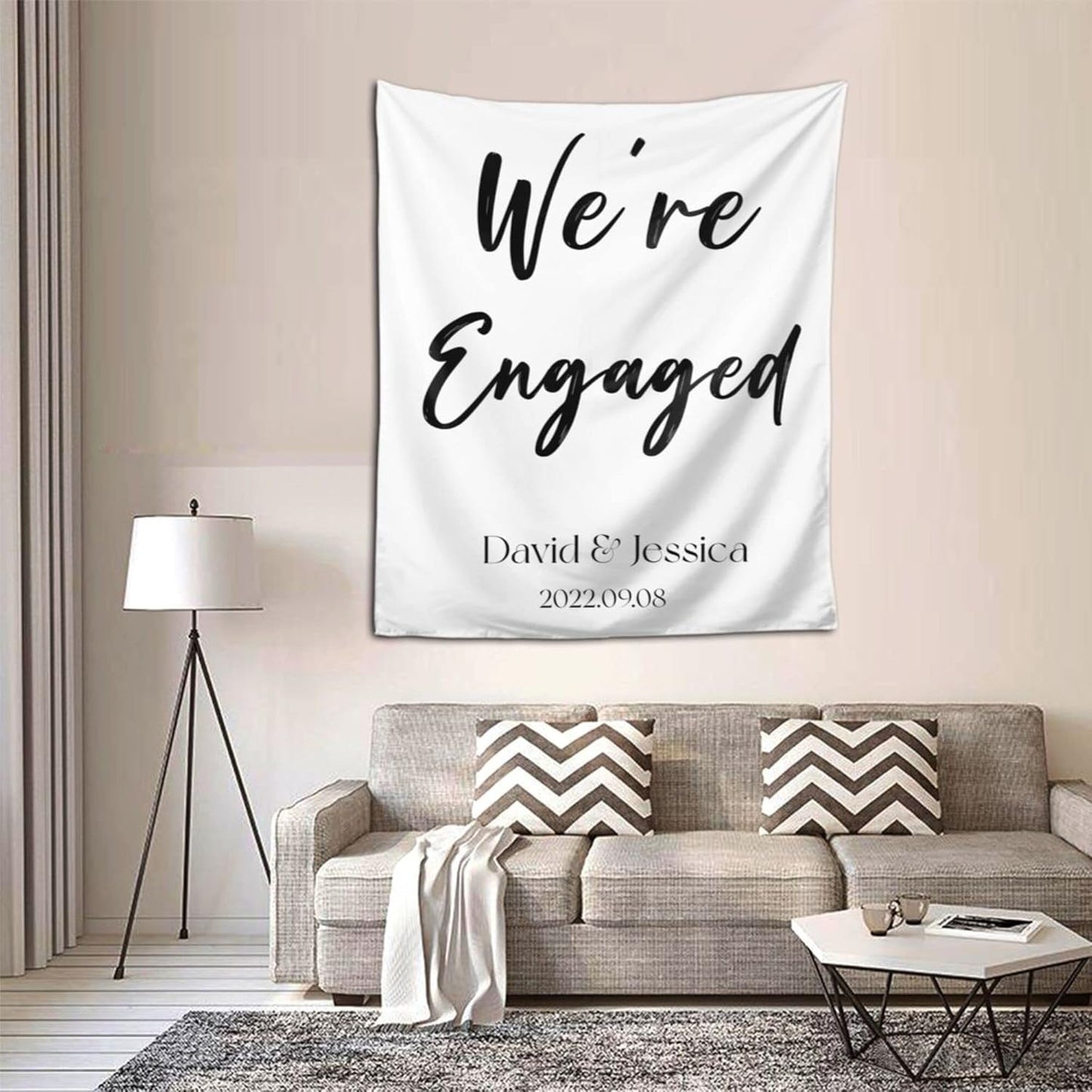 We're Engaged Backdrop, Custom Tapestry with Names and Date, Personalized Calligraphy Wedding Banner for Ceremony, Engagement Backdrop, Rustic Wedding Sign, Reception Backdrop, Engagement Party Decor