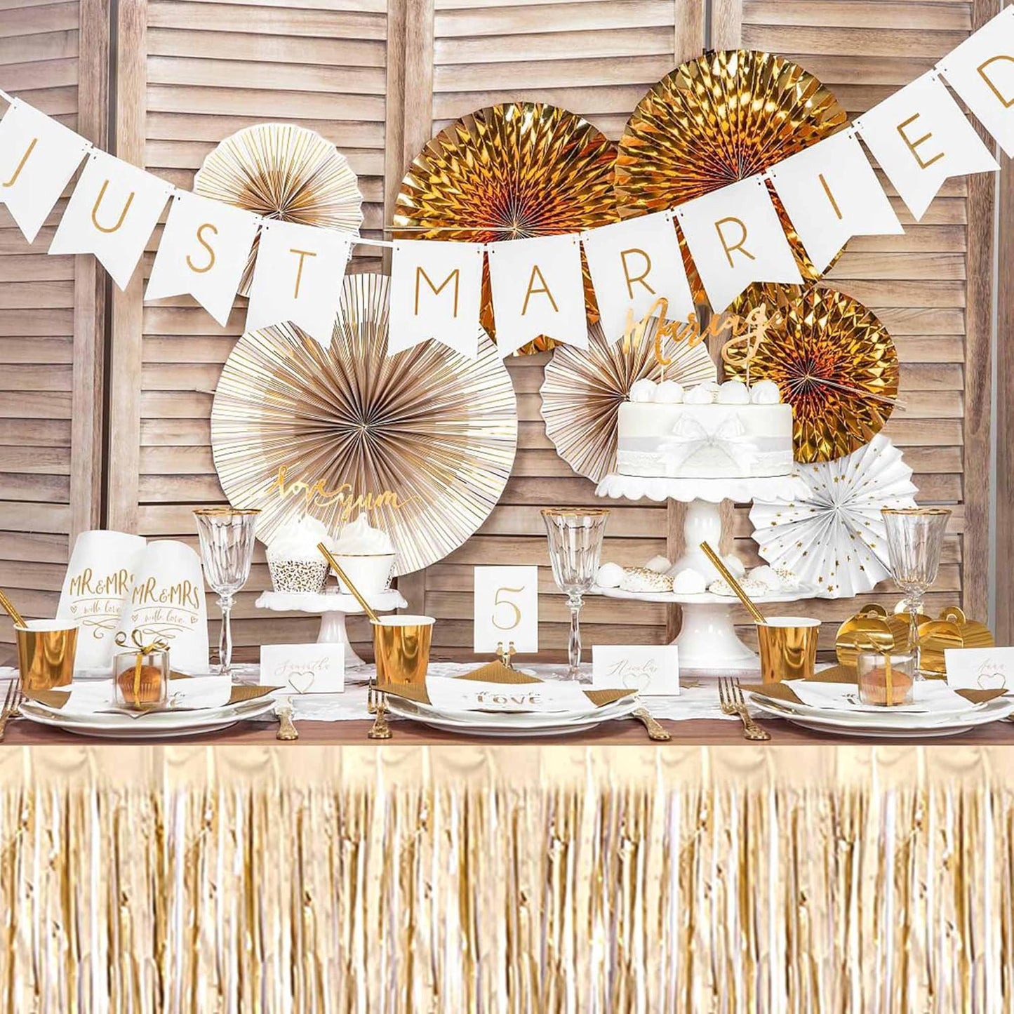 3 Pack 29 x108 Inch Champagne Gold Foil Fringe Table Skirts Metallic Banner for Tinsel Streamer Garland Backdrop for Parade Floats Mother's Day, Graduate, Birthday, Wedding Party Decoration