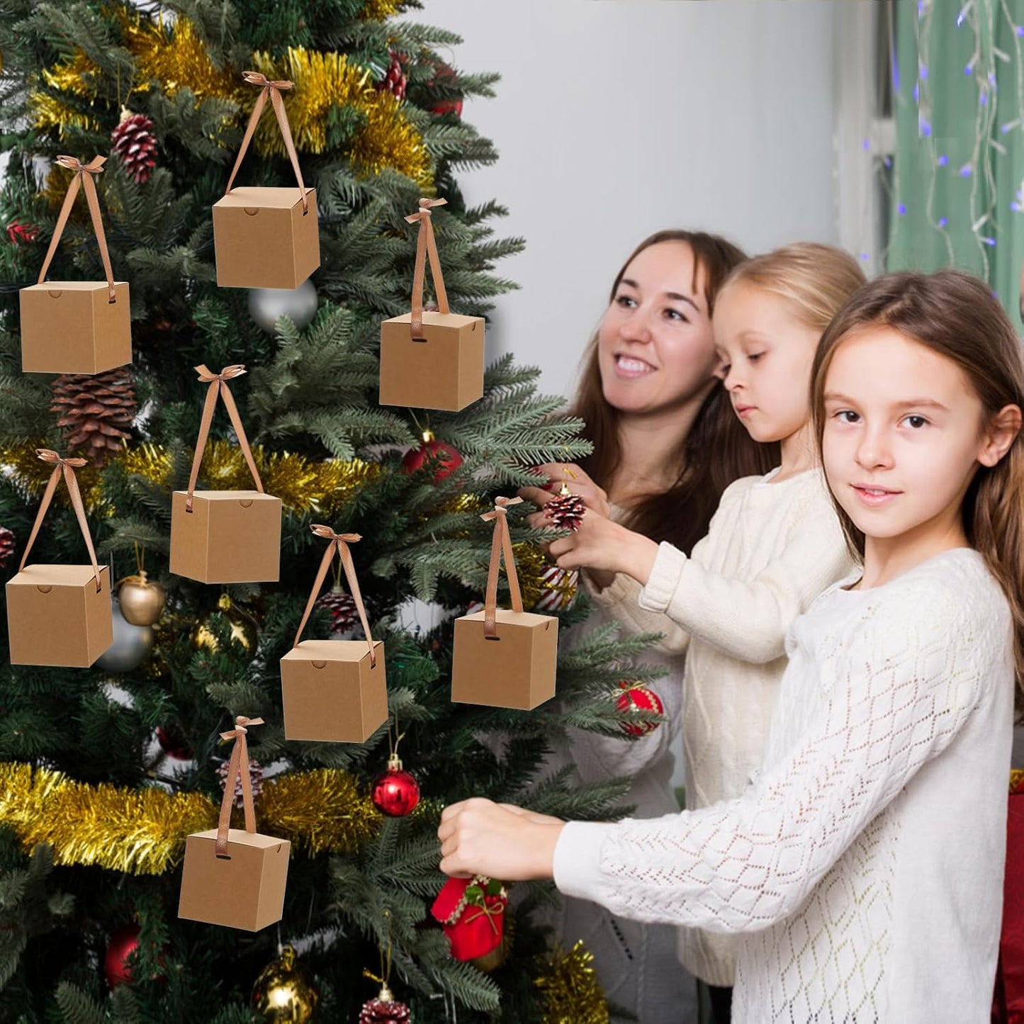 DOYIDE Small Gift Boxes, 60 Pcs 4x4x4 Inch Brown Elegant Paper Box with Ribbons, Party Favor Boxes for Candy Cupcake Christmas Wedding Baby Shower Bridesmaids Birthday