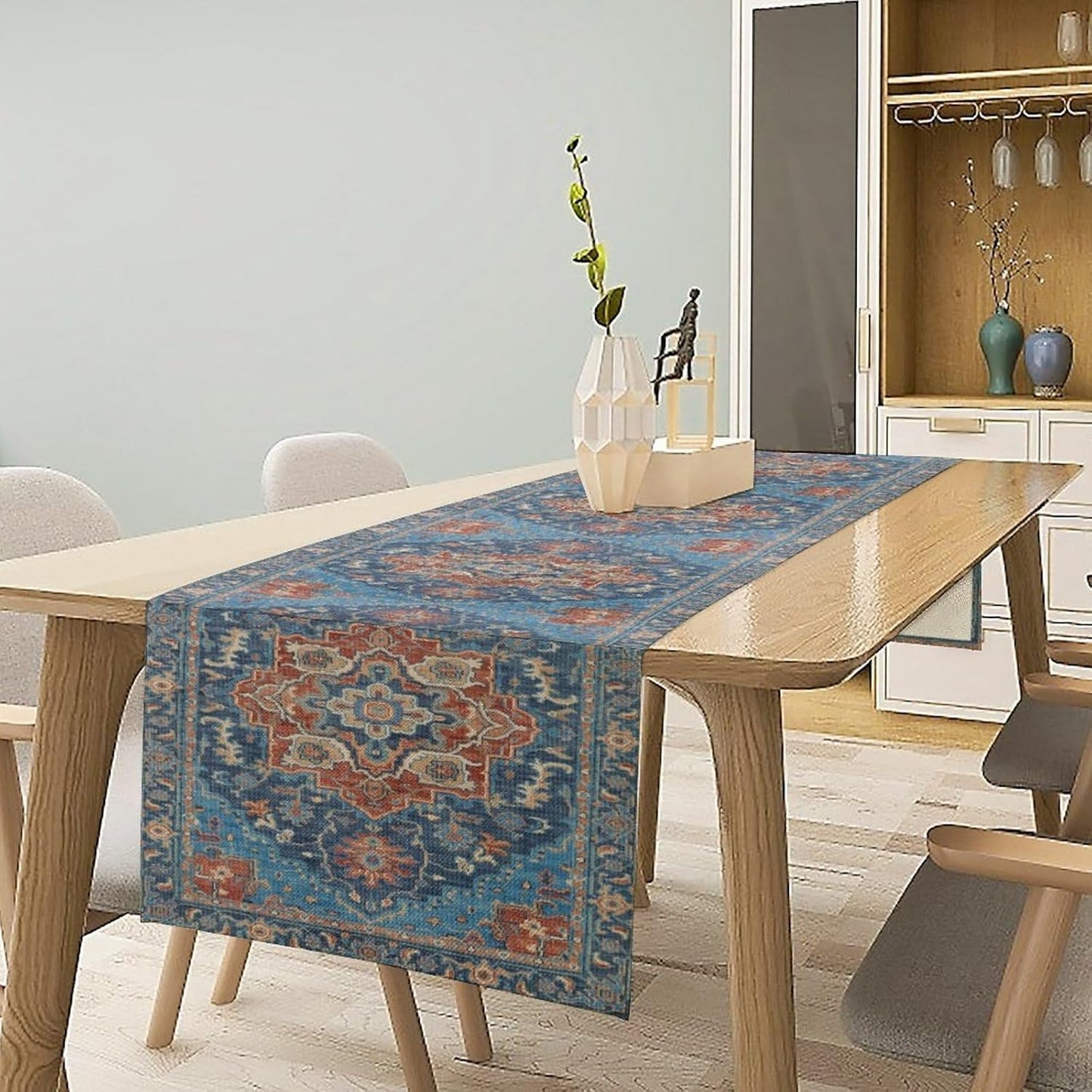 Boho Floral Vintage Table Runner, Retro Abstract Blue Flower Rustic Country Farmhouse Pattern for Home Kitchen Table Decor Dining Coffee Room Party Decor 13x90in