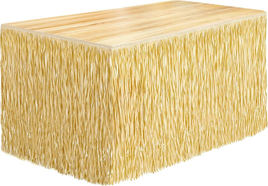 Fovths 1 Pack Luau Grass Table Skirt Fringe Straw Grass Skirt 108 x 30 Inch Hibiscus Hawaiian Table Skirts Rectangle Tropical Luau Party Decorations for Hawaiian Luau Decorations