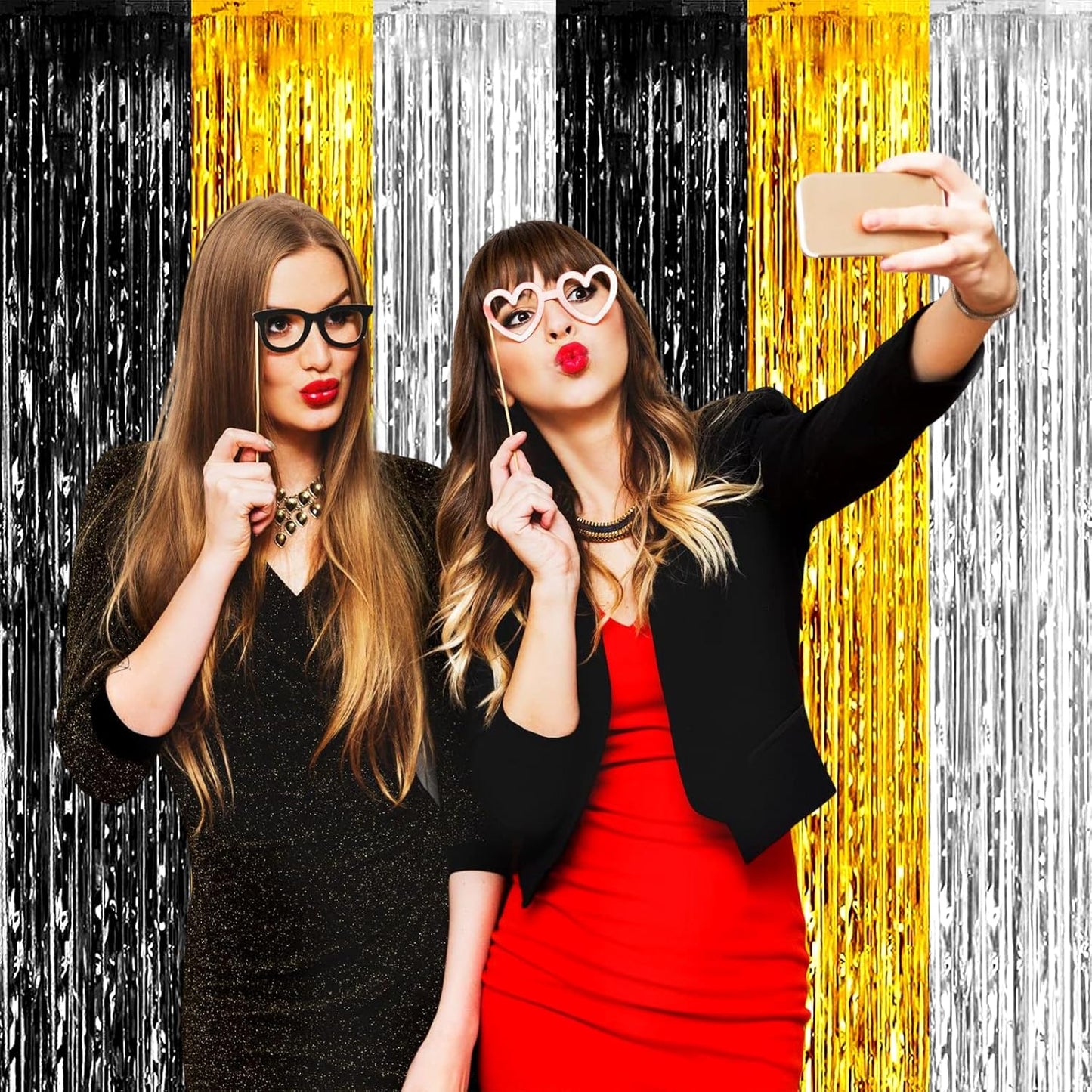 4 Pack Black Gold Silver Foil Fringe Curtain Backdrop, 3.28Ft x 9.8Ft Metallic Tinsel Foil Fringe Streamers for Photo Booth, Wedding, Notorious One Birthday Roaring 20s Graduation Party Decoration