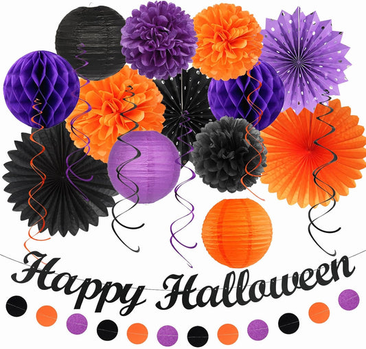 Black-Purple Orange Happy-Halloween Party-Decorations - 21pcs Birthday Banner,Paper Lanterns Honeycomb,Tissue Pom Poms Flower Fan,Kids Classroom Hanging Streamers Garland Decor Supplies Huglony