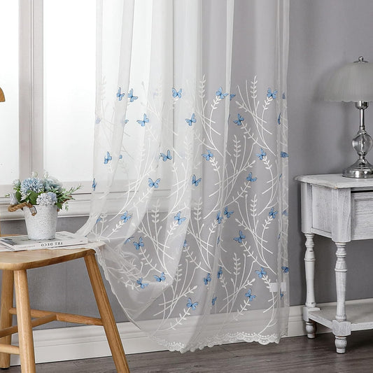 VISIONTEX White Sheer Voile Curtains, Decorative White Embossed Butterflies Rod Pocket Window Drapes for Home Kitchen, Living Room and Bedroom 54 x 84 Inch, Set of 2 Curtain Panels