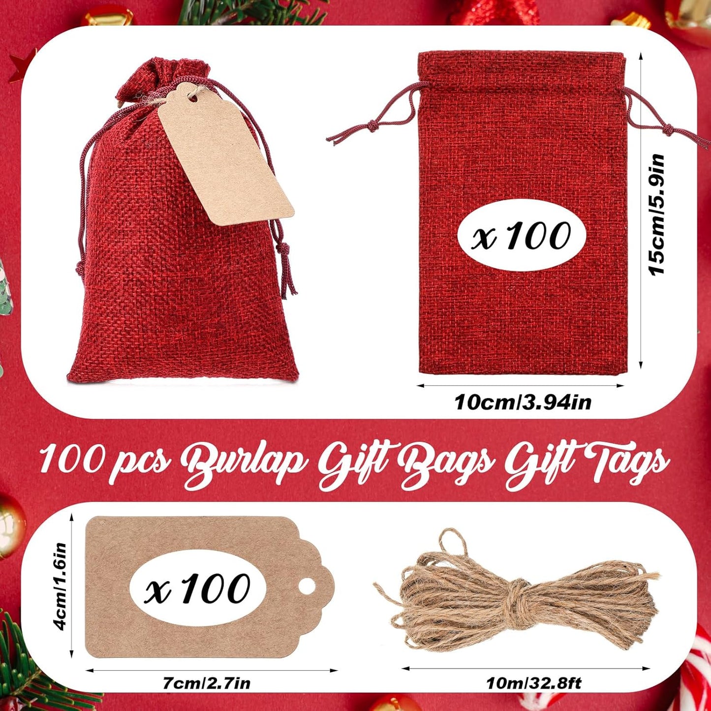 Woanger 100 Pcs Burlap Gift Bags with 100 Pcs Kraft Paper Gift Tags with Drawstring Favor Bulk Burlap Sack Bags for DIY Wedding Party Craft(4 x 6 Inch,Red)