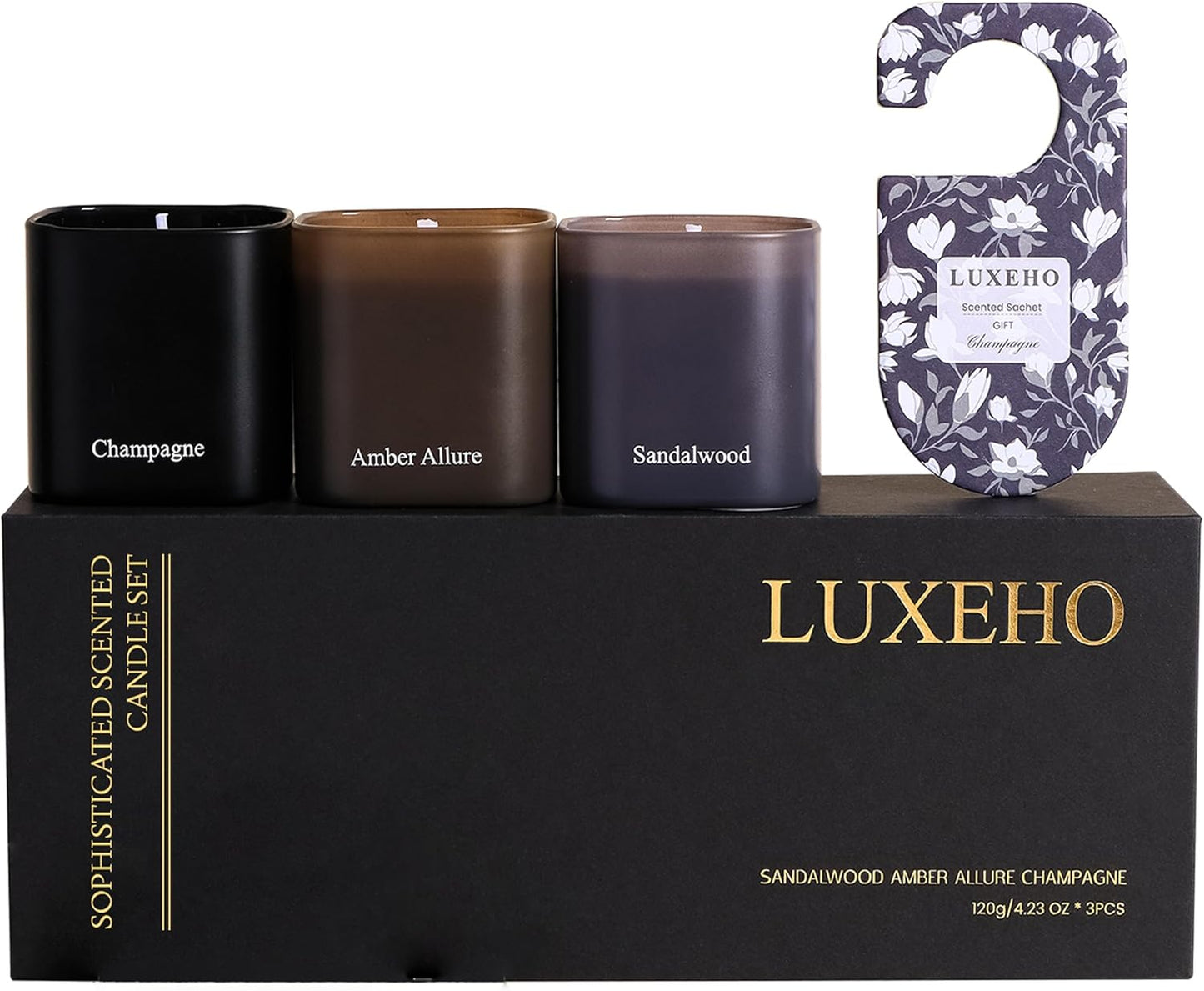 Luxury Scented Candle Gift Set 3-Pack | Champagne, Sandalwood & Amber | Clean Soy Wax | for Women & Men (4.23 oz Each) | 75 Hour Burn Time