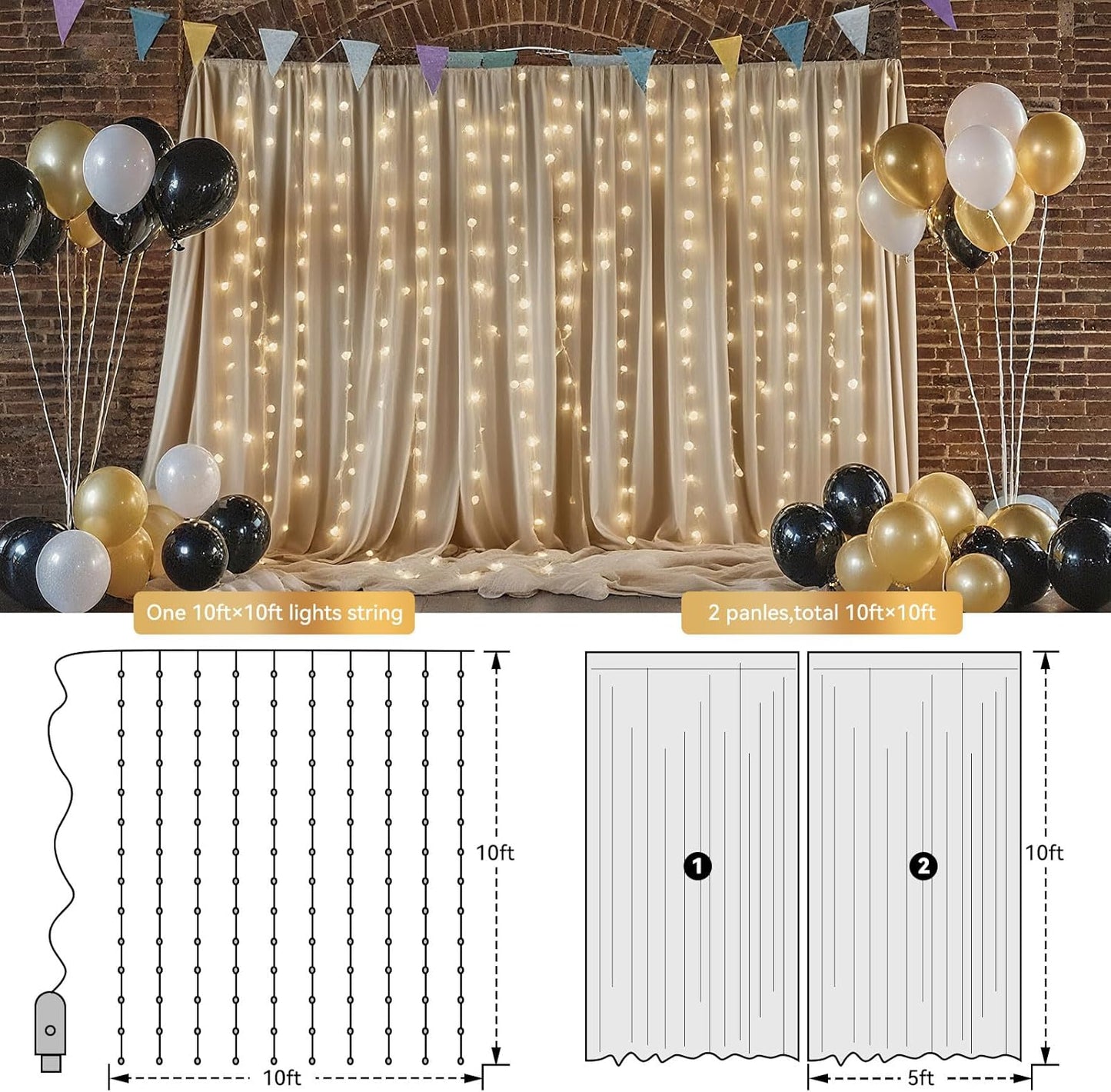 10×10ft Tulle Backdrop Curtains with Lights String - 300LED Fairy Lights Sheer Curtain Backdrop for Weddings Baby Shower and Birthday Party Decorations(2 Panels 5×10ft)