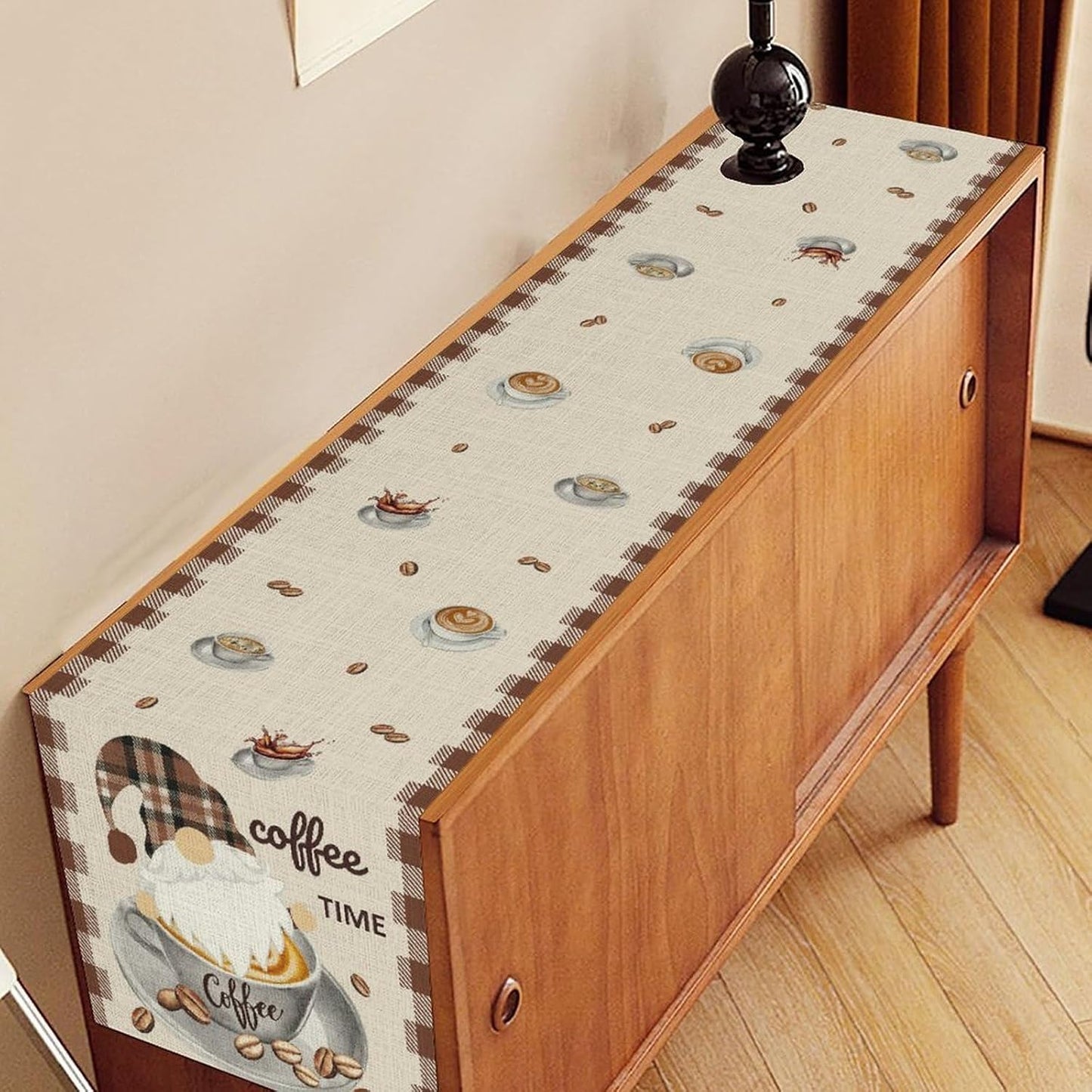 Coffee Time Table Runner, Farmhouse Retro Gnome Coffee Cup Tea Party Cafe Table Center Decor for Home Kitchen Dining Patio Holiday Party Indoor Outdoor Table Decorations,13"x36" Inch