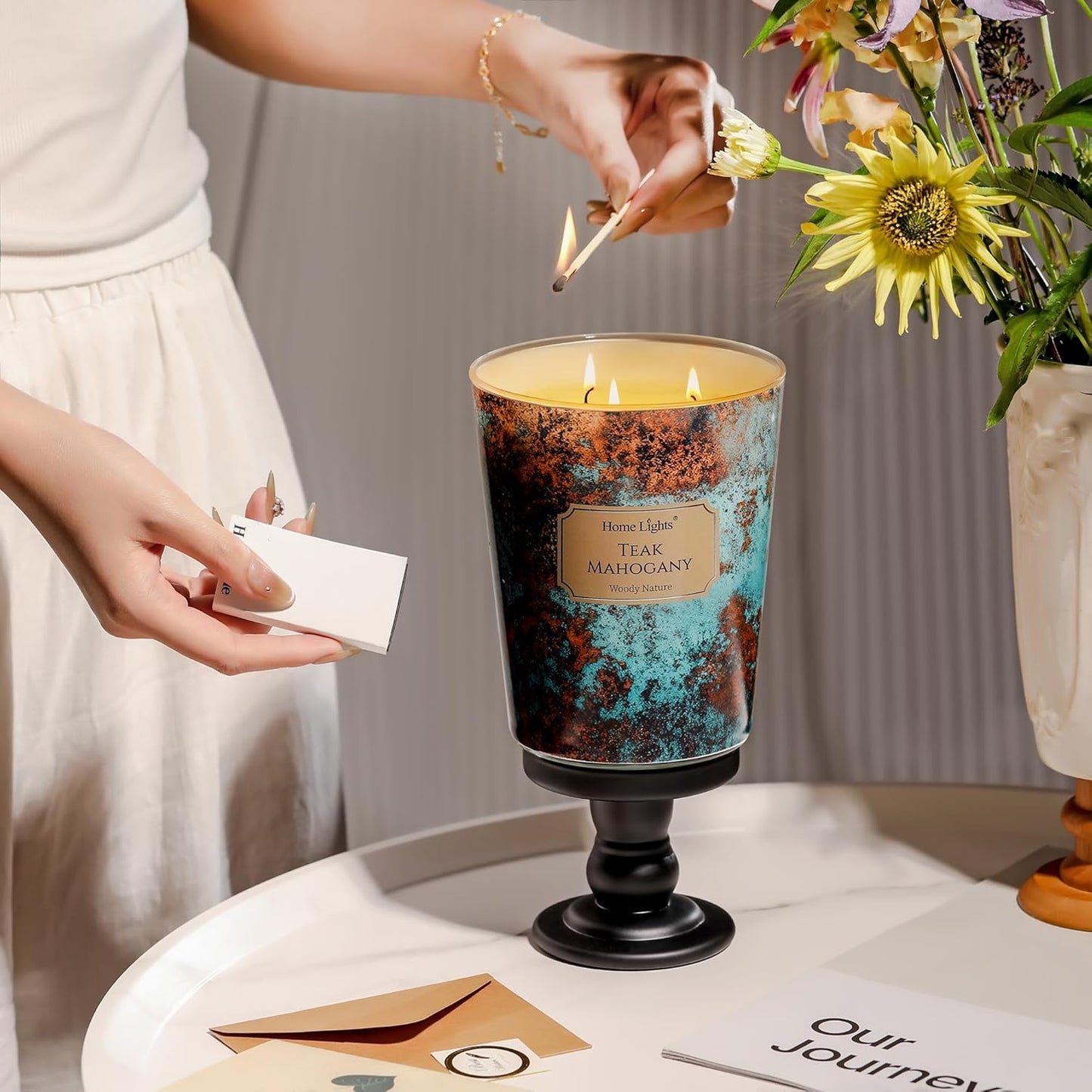 HomeLights Large jar Candle | 3-Wick Long-Lasting Scented Candles, 34oz Natural Soy Wax Candle for Home Scented, Industrial Chic Gifts for Women & Men, Teak Mahogany