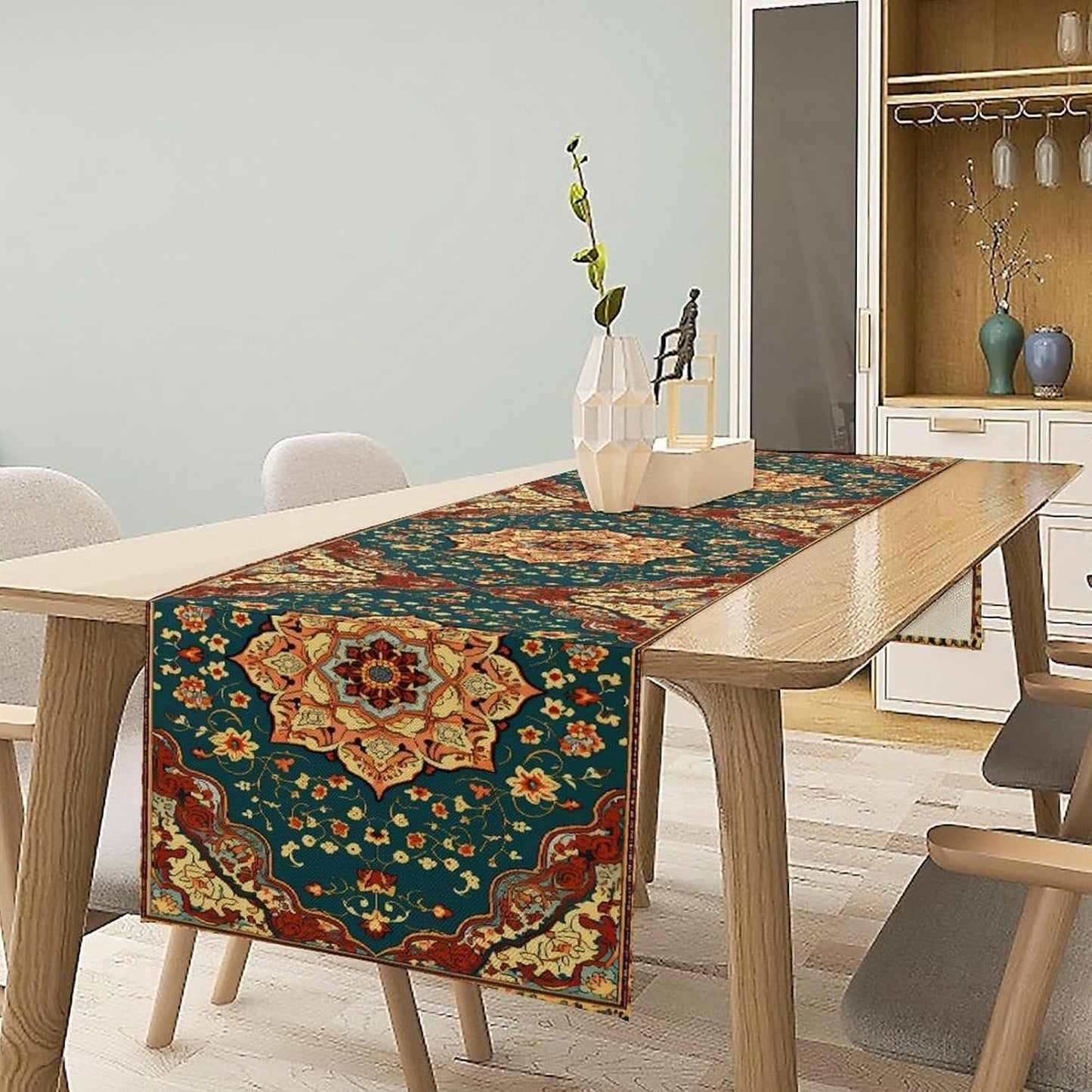 Boho Rich Table Runner, Vintage Blue Teal Gold Retro Flower Rustic Country Style Floral Print Pattern for Home Kitchen Table Decor Dining Coffee Room Garden Party Decor 13x120in