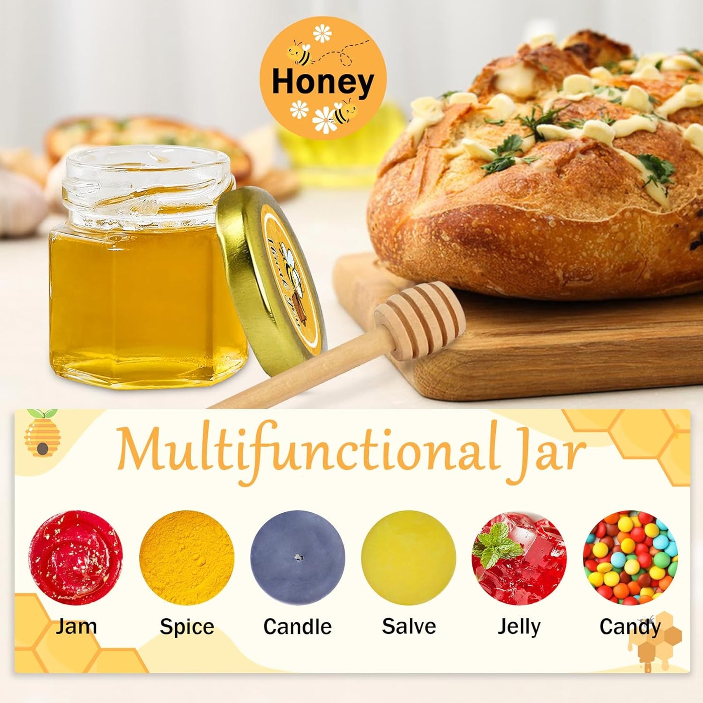 Aliggbent 48 Pack Mini Honey Jars Party Favors in Bulk, 1.5 oz Small Hexagon Glass Honey Jars with Dippers, Lids, Cute Stickers, Bee Charms, Gift Bags and Jute for Baby Showers, Weddings & Birthdays