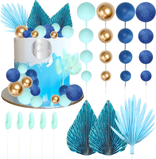 Ephlyn 33 Pack Balls Cake Toppers Boho Palm Leaves Cake Decorations Round Acrylic Happy Birthday Cupcake Toppers for Birthday Wedding Baby Shower Party Supplies Blue