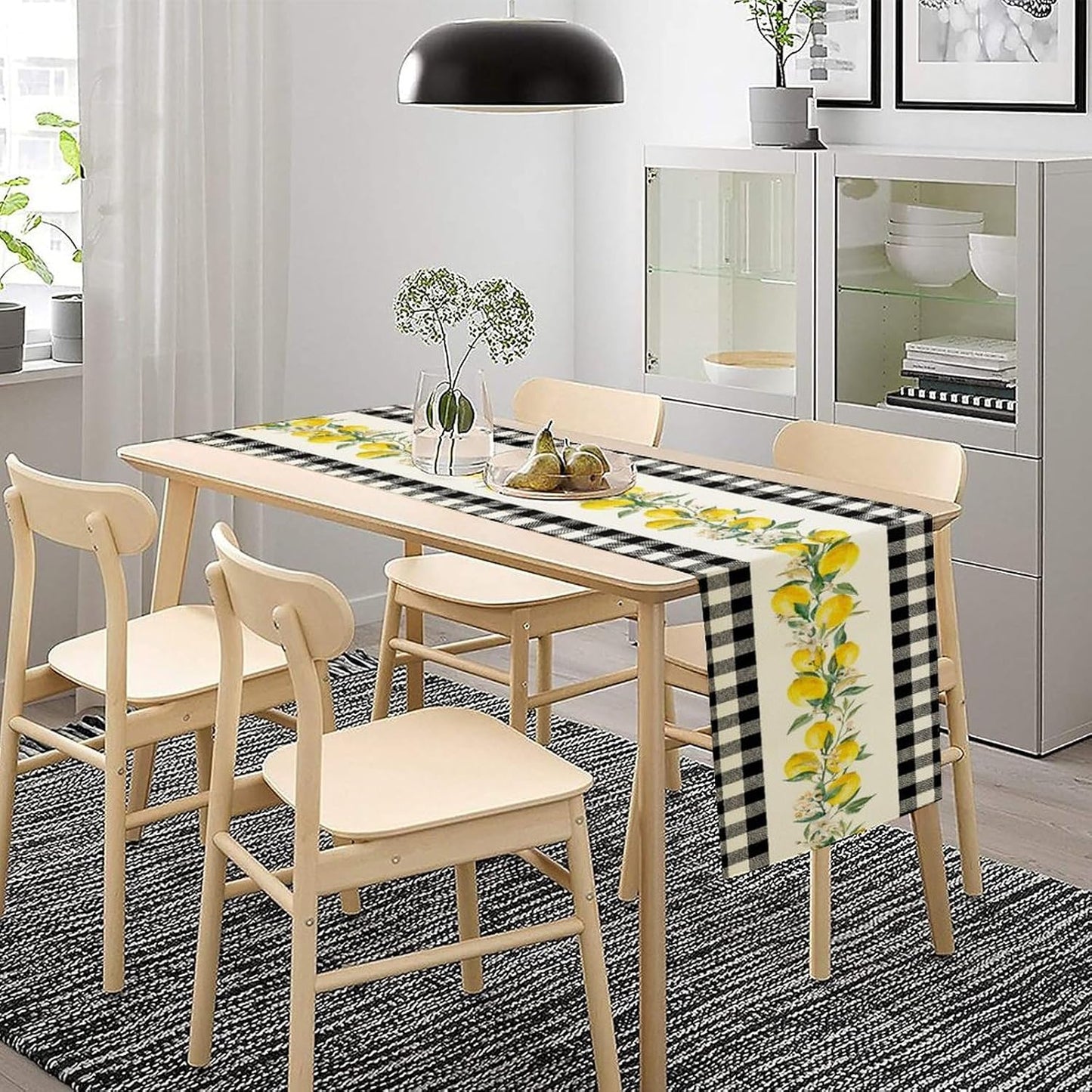 Lemon Table Runner,Black Buffalo Plaid Lemon Table Runner Farmhouse Style Spring Summer Home Kitchen Dinding Room Table Decoration 13x72 Inch