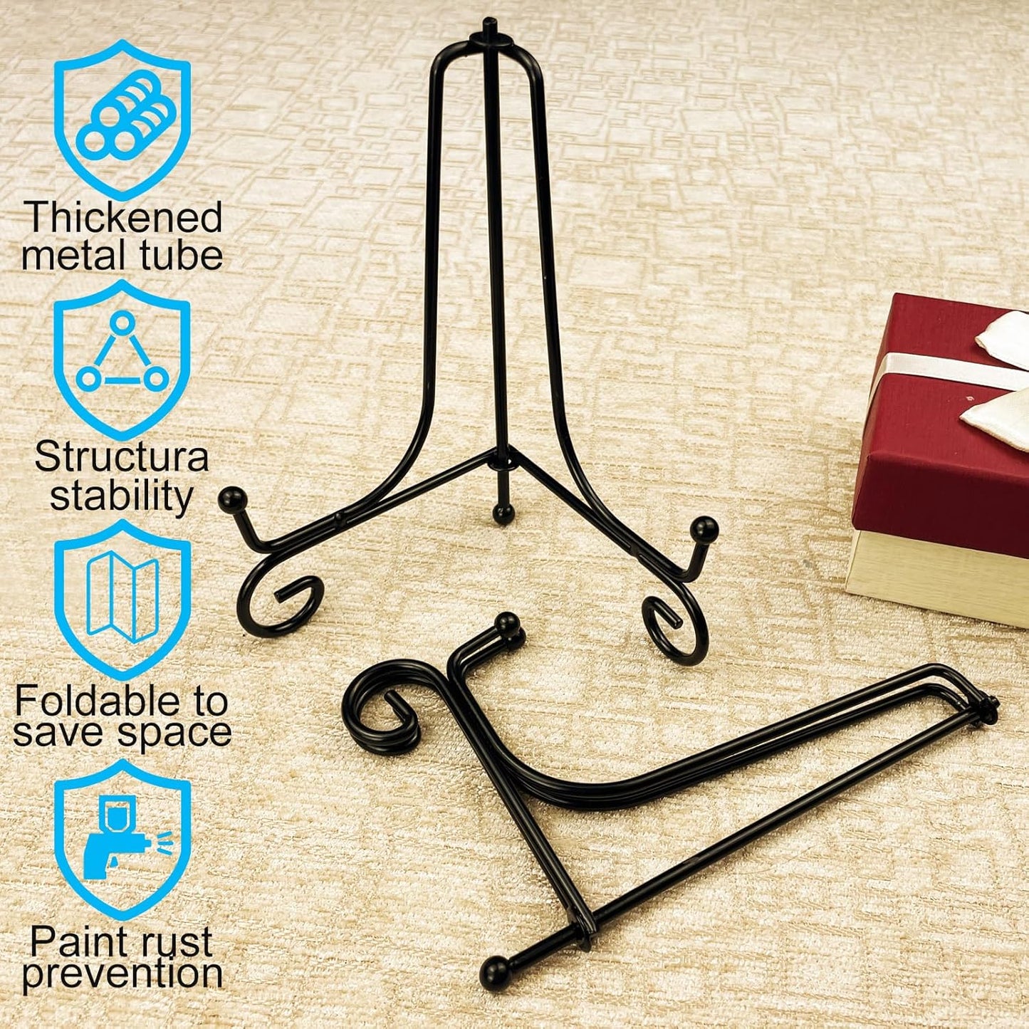 4PCS Premium Black Iron Plate Stands for Display 6 Inch, Decorative Solid Metal Plate Holders for Displaying, Mini Easel, Frame, Book, Card, Plaque, Bowl, Picture Stands for Display