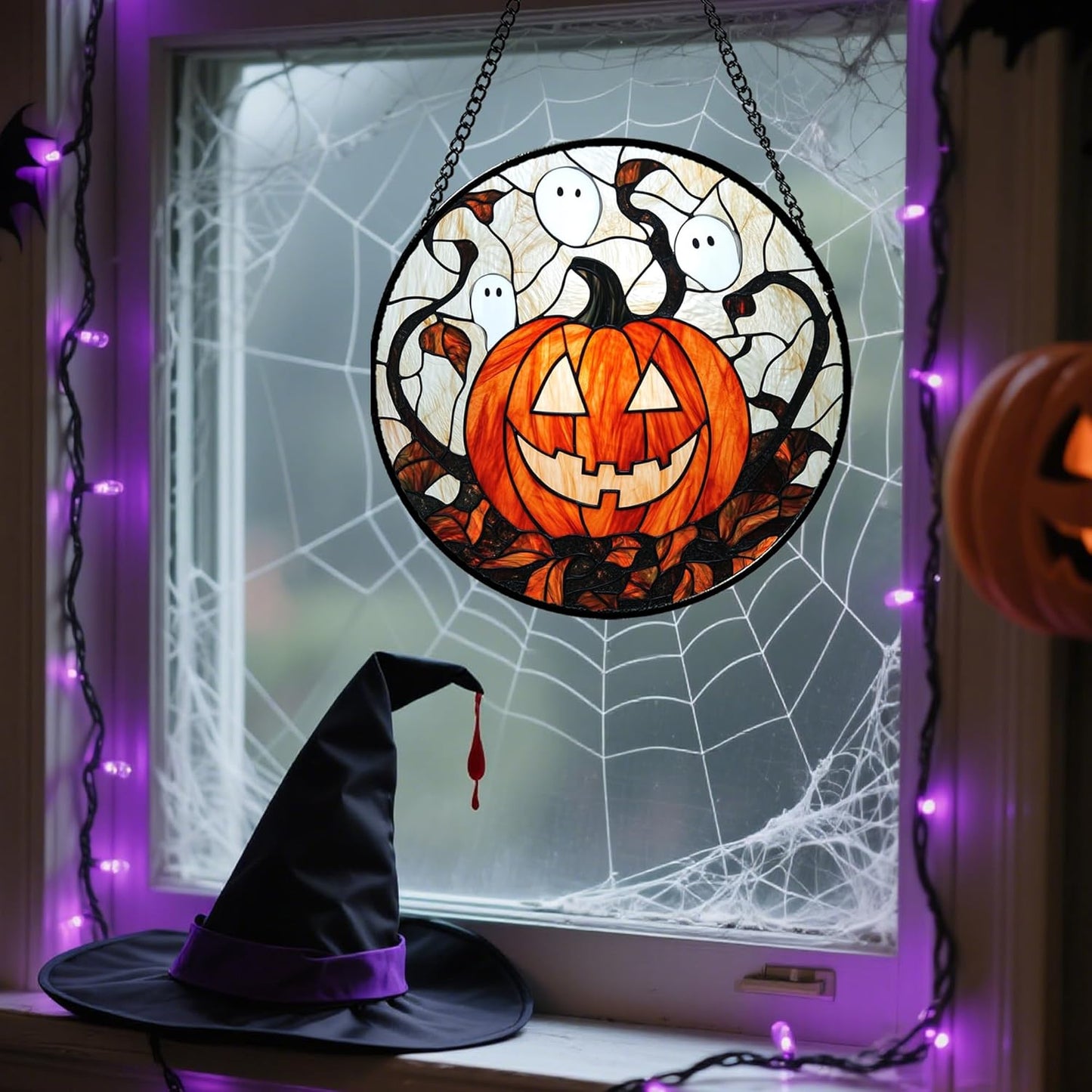 Stained Glass Window Hanging - Halloween Decorations Pumpkin Ghost Suncatcher for Doors Garden Indoor Spooky Funny Orange Sun Catchers Gothic Decor Horror Gifts for Women Men Friend 9.8 in