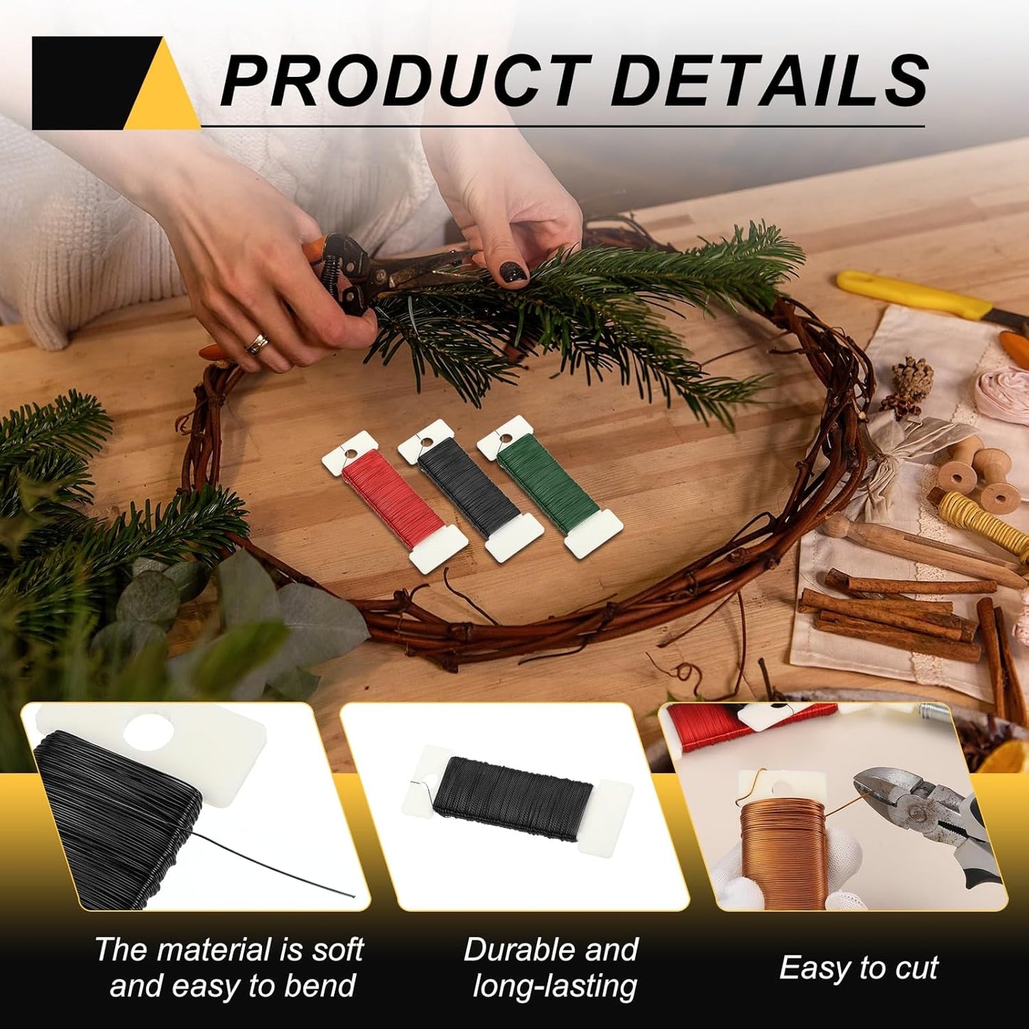 MECCANIXITY 114 Yards/345 Feet 27 Gauge Metal Floral Wire Black Flexible Paddle Thin Floral Wires for Craft, Christmas Wreath, Flower Arrangement, Wedding, Total 3 Roll