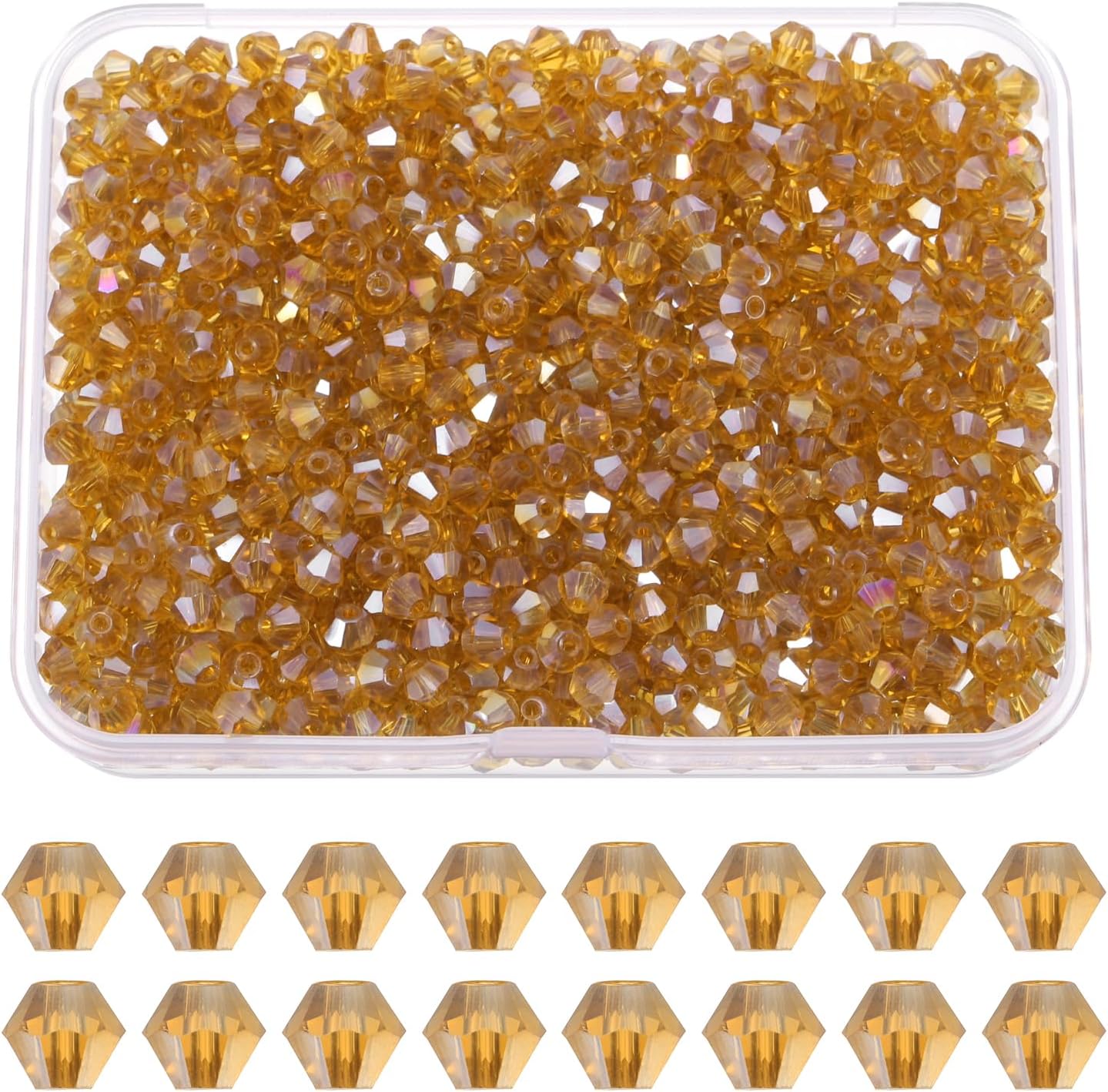 PATIKIL 1000pcs 4mm Bicone Glass Crystal Beads, Faceted Glass Spacer Beads with Box for Jewelry Making Bracelet Necklace Earrings DIY Suncatcher Craft, Amber AB