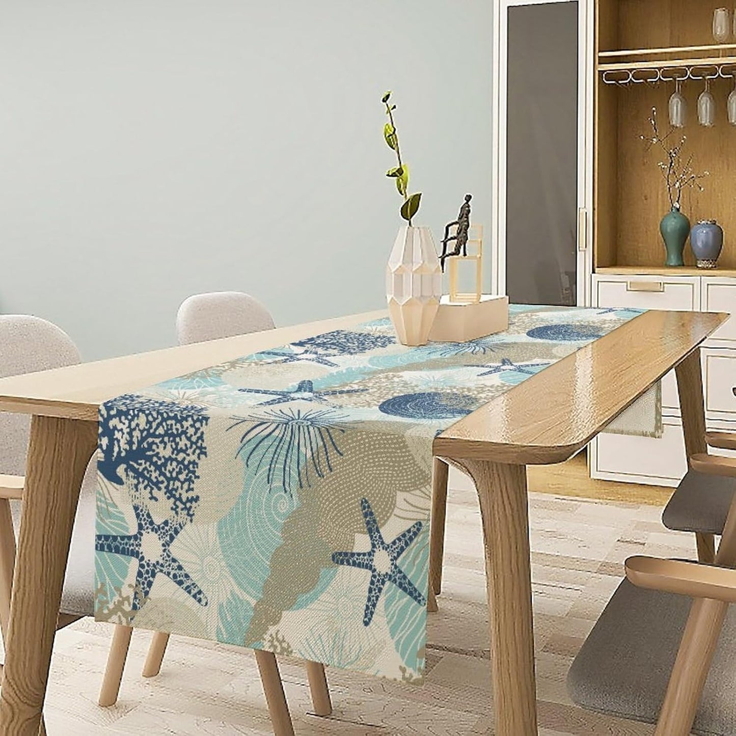 Nautical Coastal Table Runner，Ocean Themed Starfish Coral Conch Beach Kitchen Dinning Table Decoration for Indoor Outdoor Home Party Decor 13x70 Inch