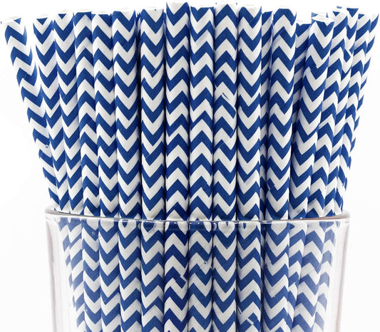Pack of 900 Navy Blue Chevron Biodegradable 4-Ply Paper Drinking Straws (Compostable, Non-toxic, BPA-free)