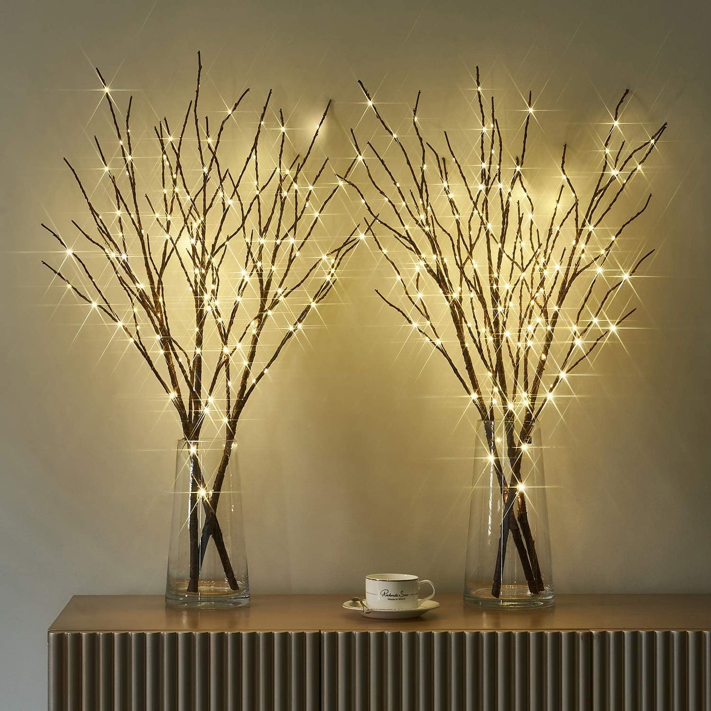 Fudios Branch Lights Plug in with Timer Willow Branches with Lights for Vase Twig 32IN 150 LED Outdoor and Indoor Holiday Party Decor 2Set