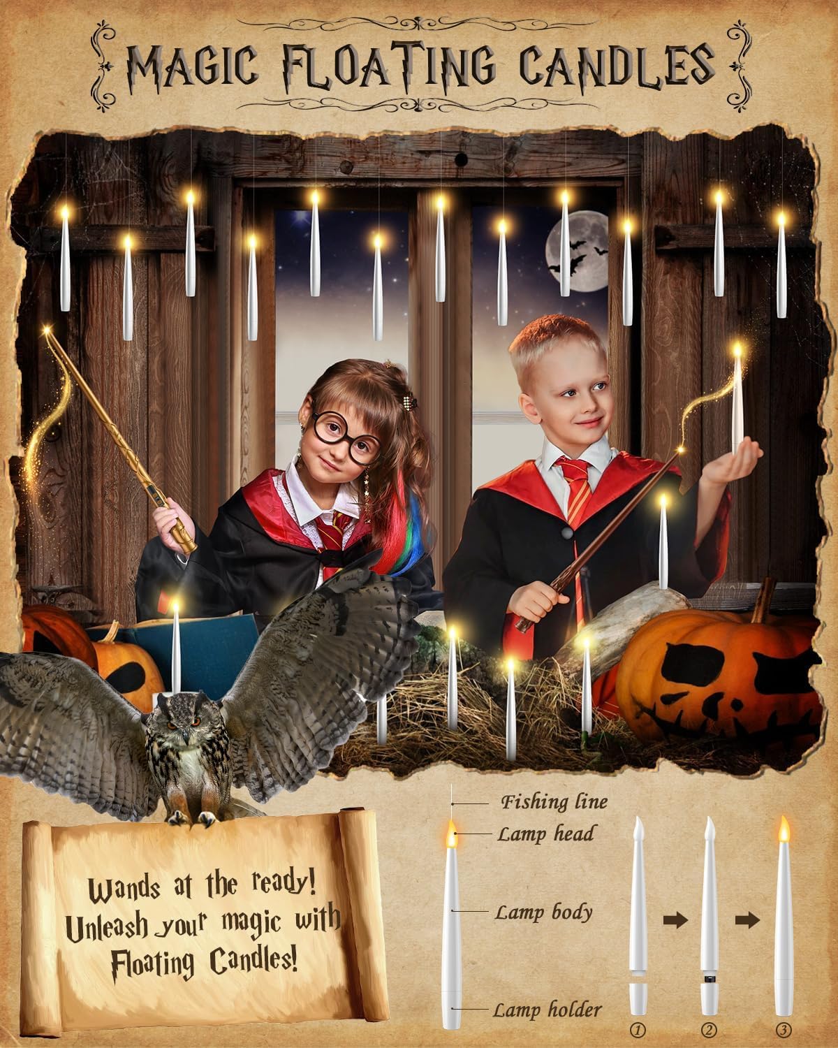 Floating Candles with Wand - 18 Pcs Halloween Decorations Magic Flameless Candles Flickering Warm Light Battery Operated LED Hanging Candles for Christmas Window Bedroom Birthday Party Decor