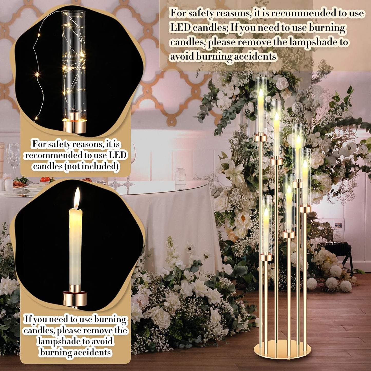 Tandefio 4 Sets Acrylic Candelabra Centerpieces 46.5'' Tall Clear Candle Holders Pillar Taper Candlestick with Lampshades 6 Arm Floor Candelabra Stand for Wedding Christmas Ceremony Dinner Party