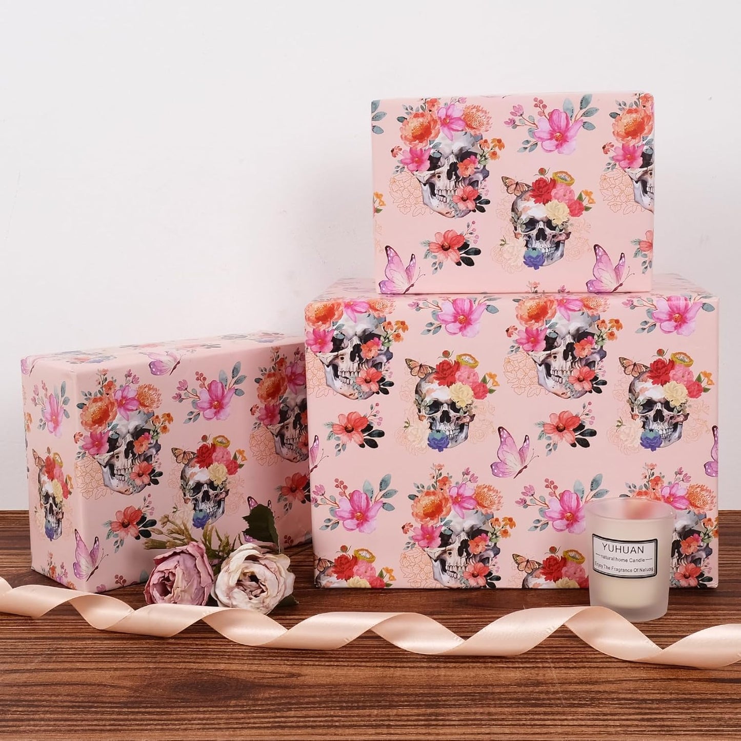 Aimyoo Gothic Wrapping Paper Roll, 17 Inch X 33 Feet Skull Floral Butterfly Design Gift Wrap Paper for Mother's Day, Birthday Bridal Shower