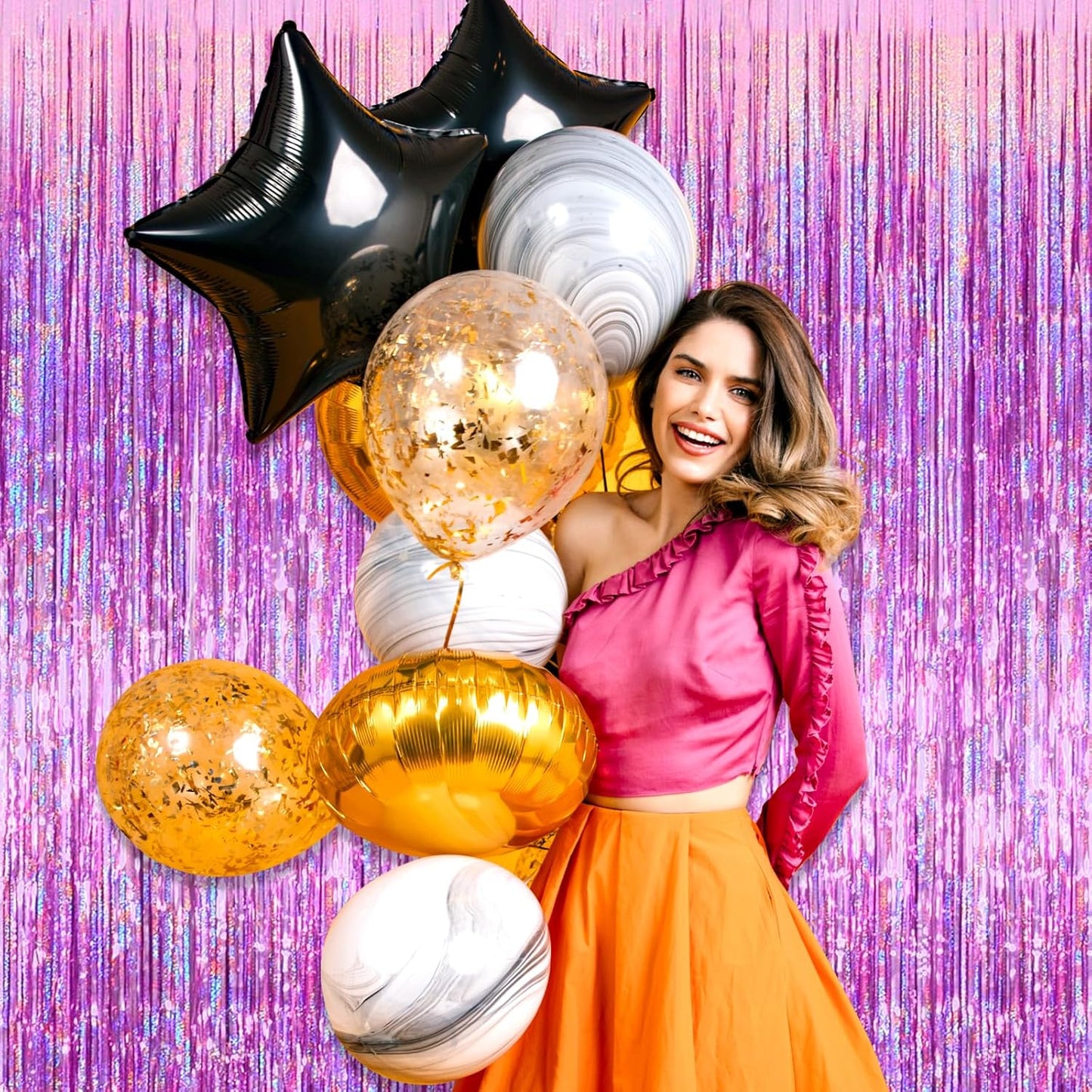 3 Pack Pink Foil Fringe Curtain Backdrop, 3.28Ft x 8.2Ft Metallic Tinsel Foil Fringe Streamer Curtains for Photo Booth, Mother's Day, Easter, Birthday, Wedding Party Decorations