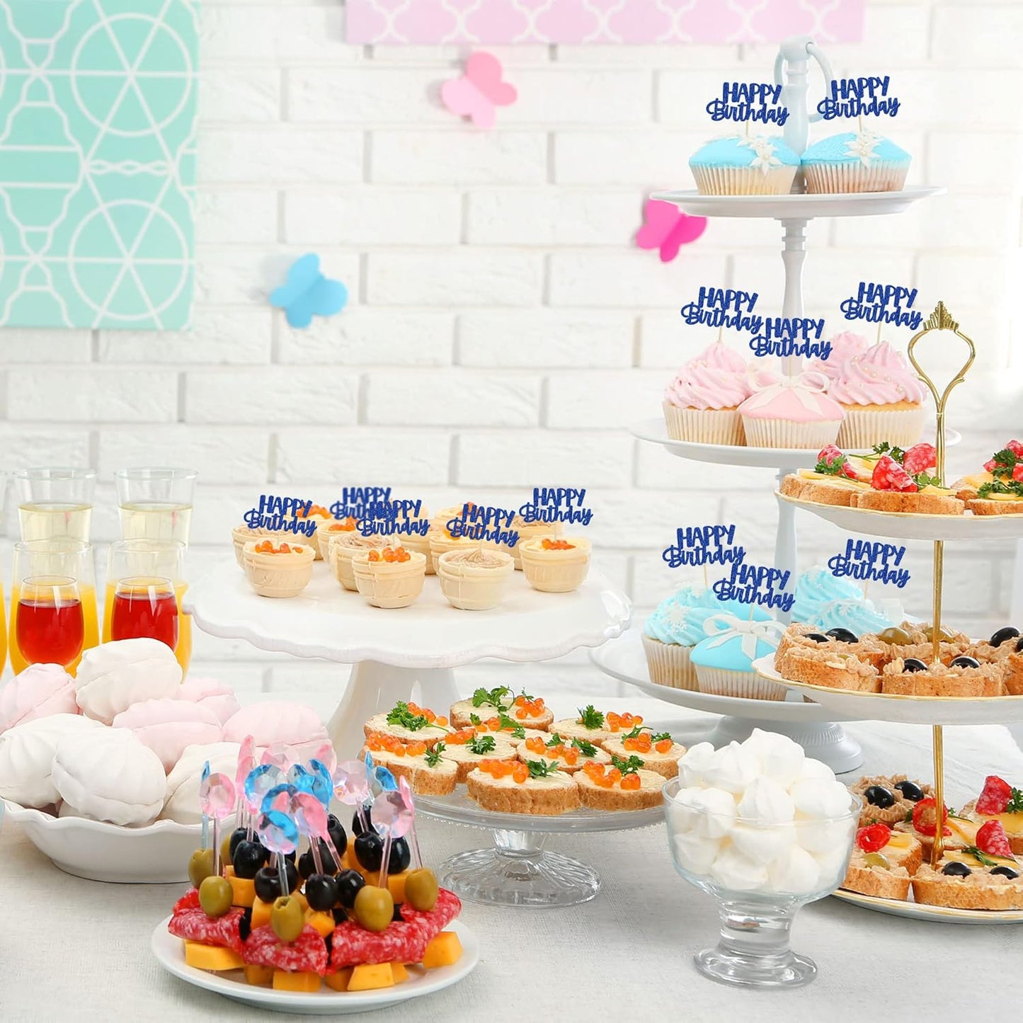 Gyufise 24 Pcs Happy Birthday Cupcake Toppers Glitter Cupcake Food Picks for Celebrating Theme Party Cake Decorations Supplies Deep Blue