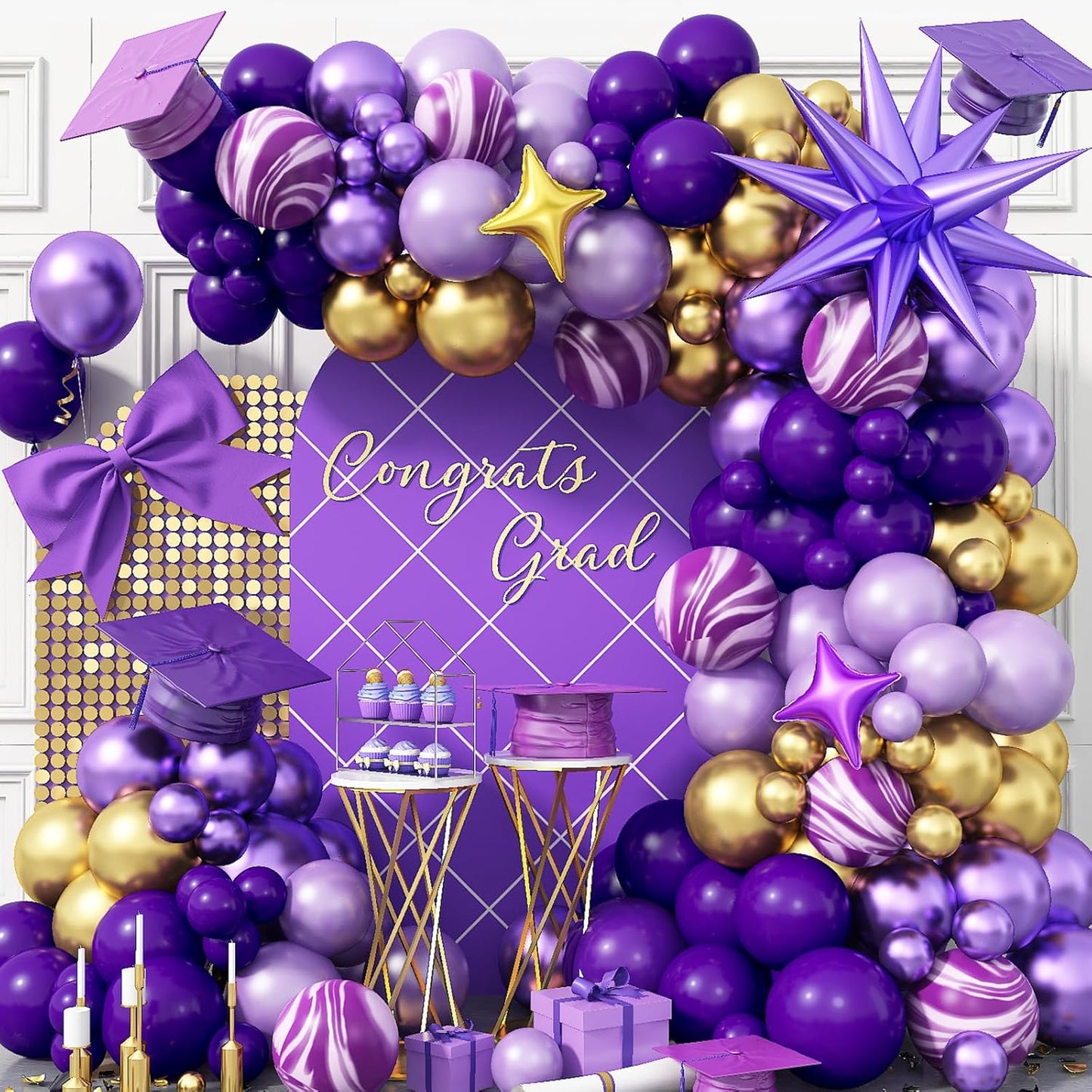 Purple Balloon Arch Kit 110Pcs Purple and Gold Balloons Garland Kit with Explosion Star Balloons Metallic Dark Violet Lavender Lilac Birthday Party Decorations for Girls Women Graduation Prom Wedding