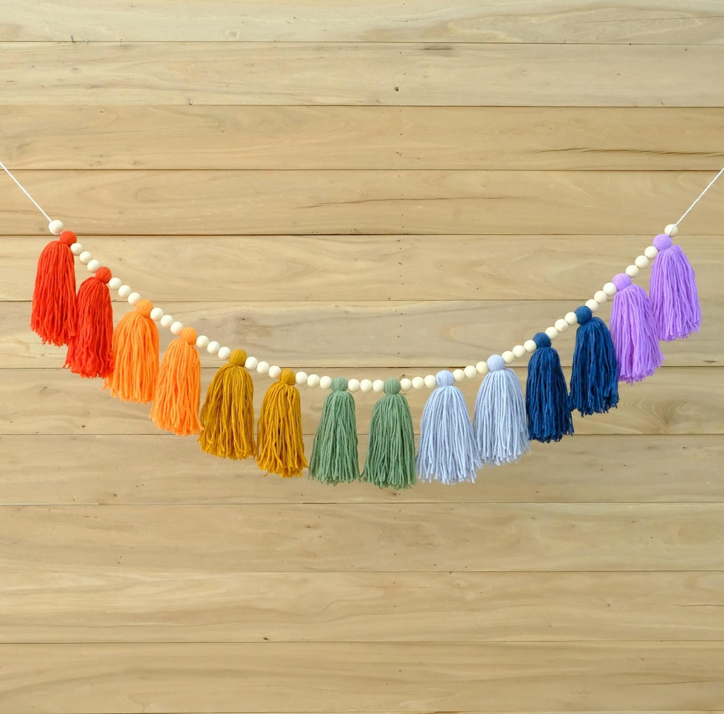 Boho Tassel Garland Wall Hanging with Wood Beads Colorful Tassel for Kids Room Bedroom Classroom Nursery Dorm Decorations