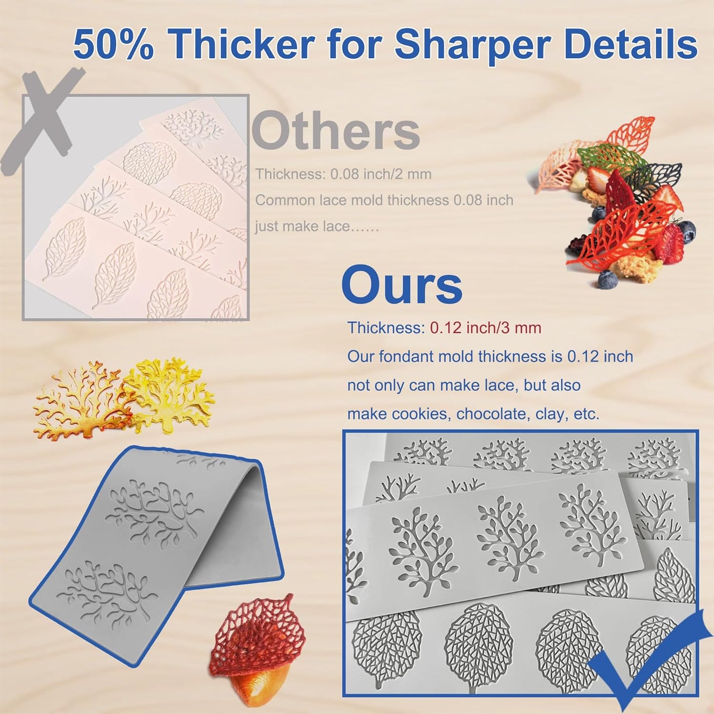 7Pcs Leaf Silicone Fondant Molds with Dough Scraper Silicone Spatula, 3D Coral Branch Leaf Chocolate Molds, DIY Baking, Sugar Craft, Wax, Gum Paste, Cupcakes, Clay