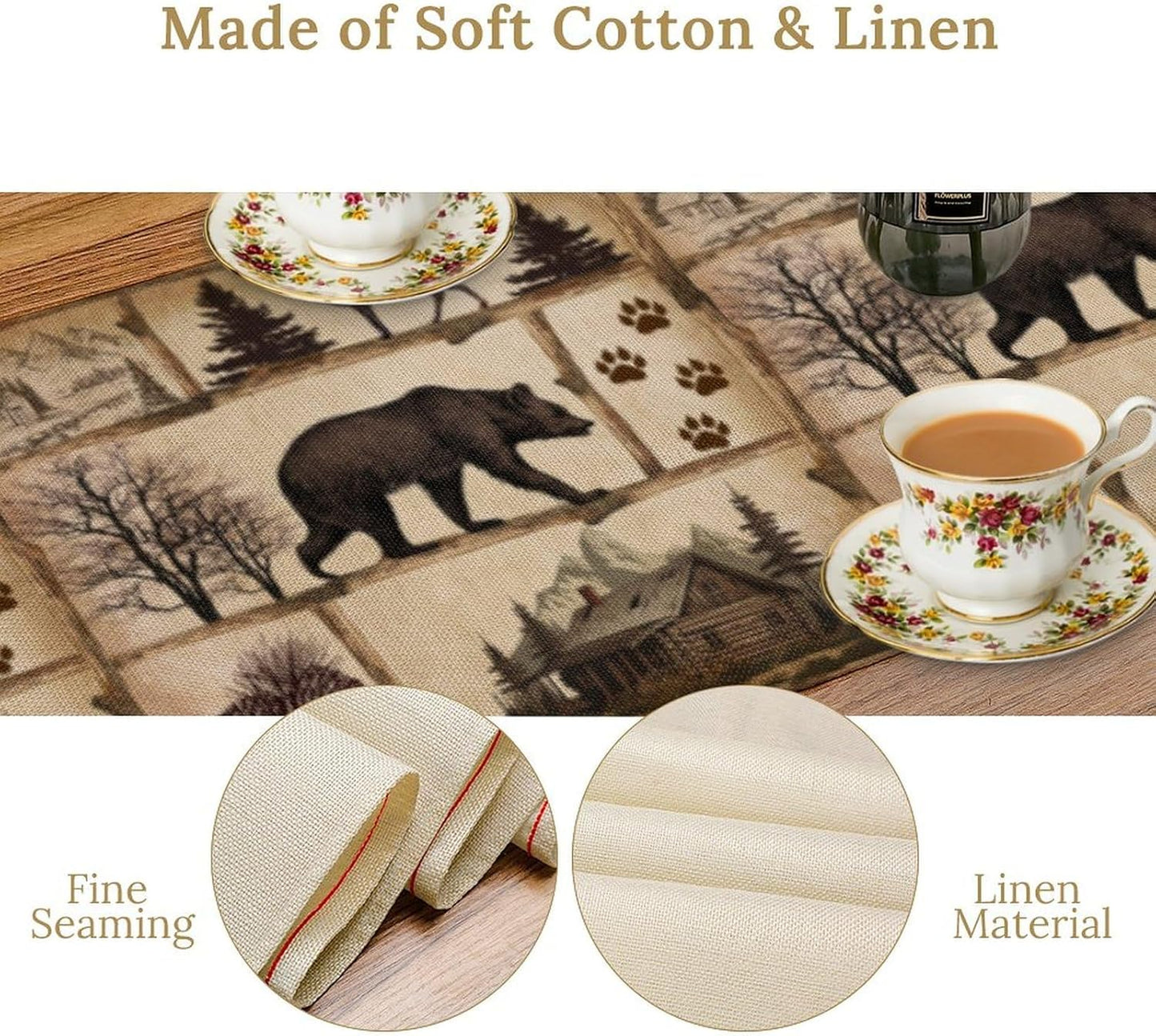 Rustic Cabin Table Runner, Retro Moose Cone Deer Bear Farmhouse Lodge Table Runner for Dinner Living Room Kitchen Vintage Country Cottage 13x36 Inch