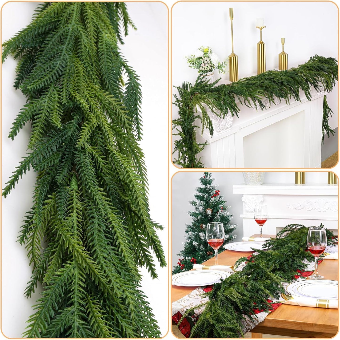 4 Pcs Artificial Norfolk Pine Garlands Christmas, 9 FT Dense Real Touch Winter Pine Garland Ornament, Green Artificial Greenery Garland for Table, Mantle, Wall, Indoor, Outdoor Christmas Decorations