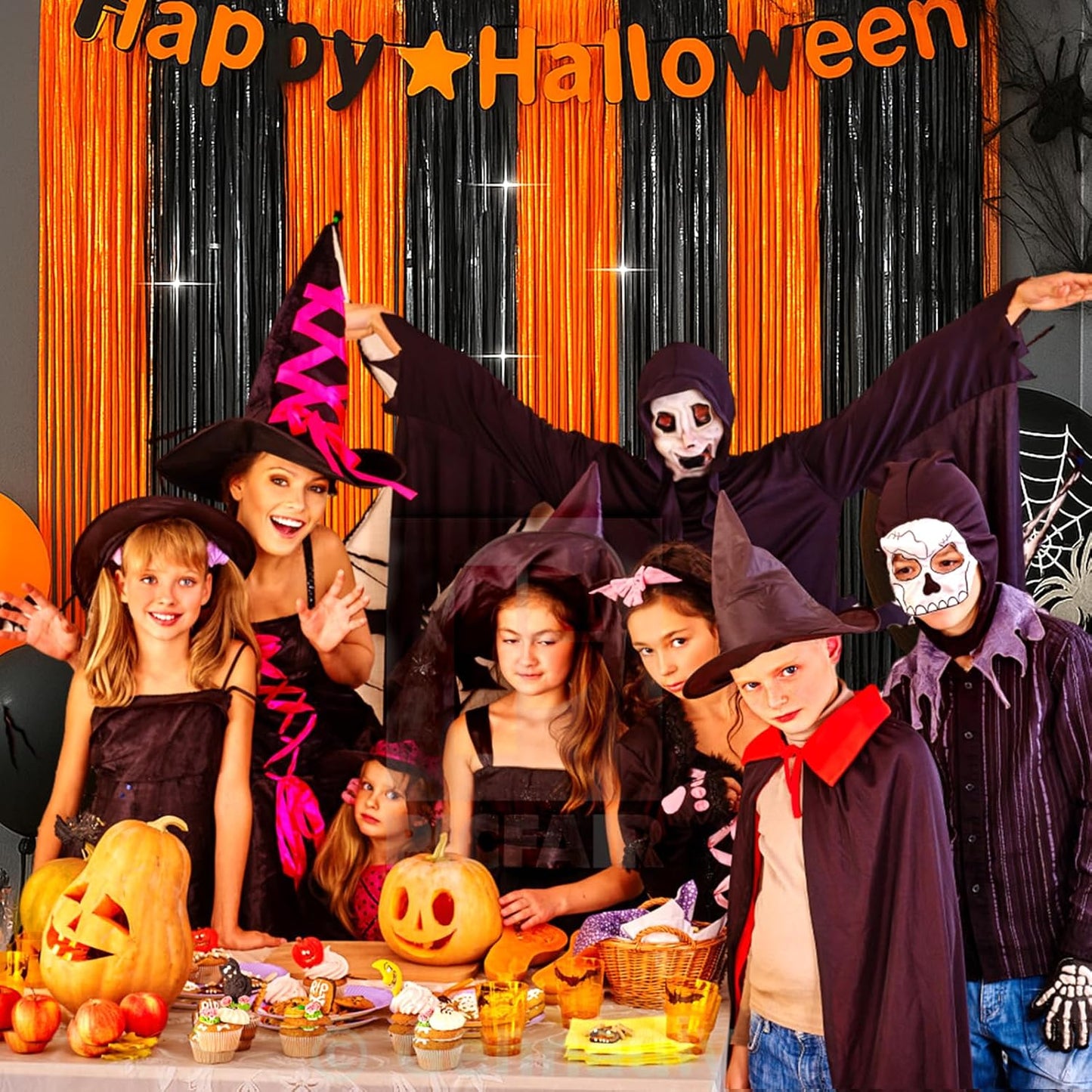 4 Packs Halloween Foil Fringe Curtain, Orange and Black Metallic Tinsel Backdrop for Birthday, Baby Shower, Bachelorette, Halloween Party Decorations Favors Supplies Indoor Outdoor