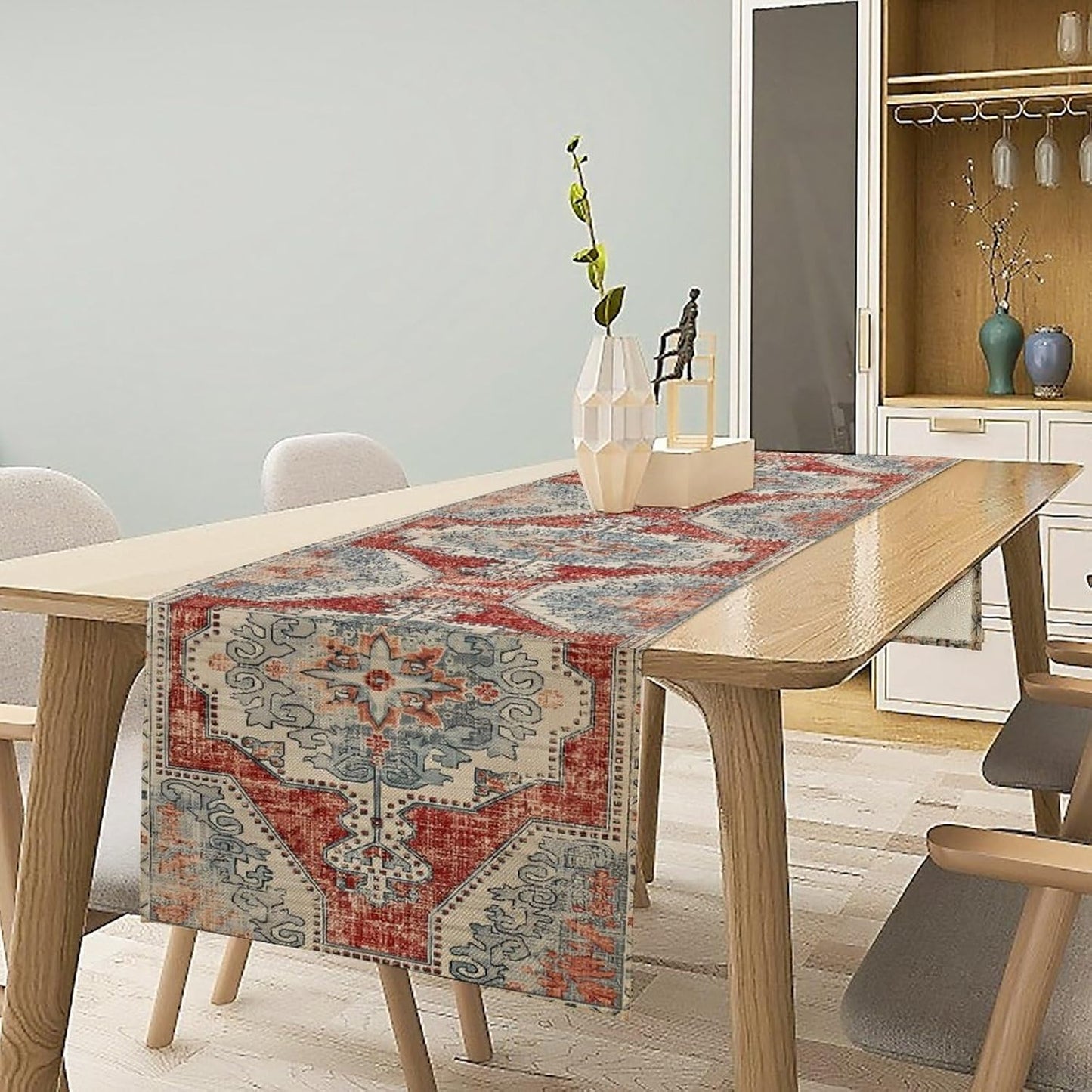 Boho Floral Vintage Table Runner, Retro Blue Red Flower Rustic Country Farmhouse Abstract Pattern for Home Kitchen Table Decor Dining Coffee Room Party Decor 13x60in