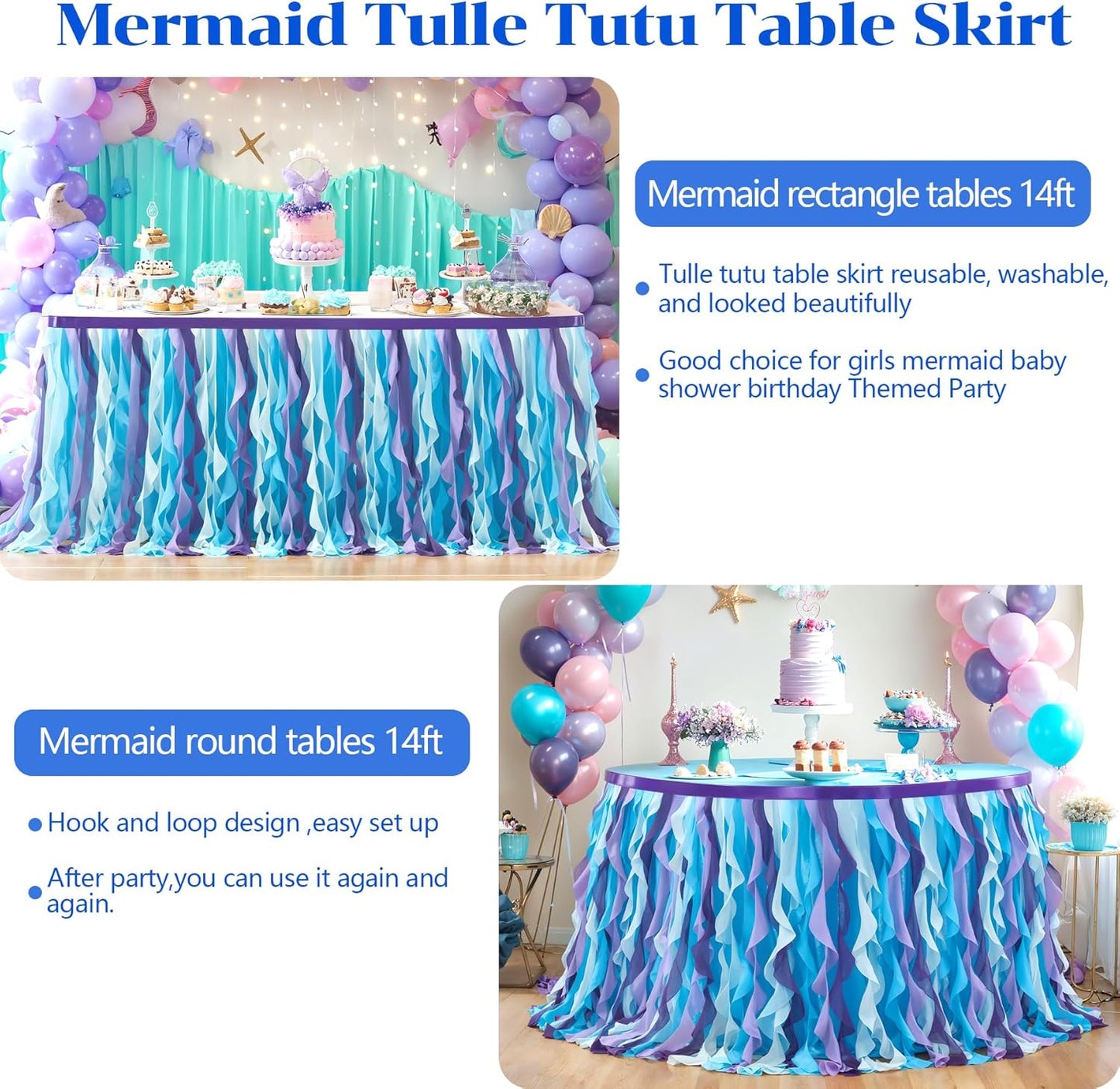 Partisky Mermaid Tulle Tutu Ruffle Curly Willow Table Skirt for Rectangle Table 14ft, Mermaid Themed Party Table Cloth for Girls Birthday Party or Baby Shower