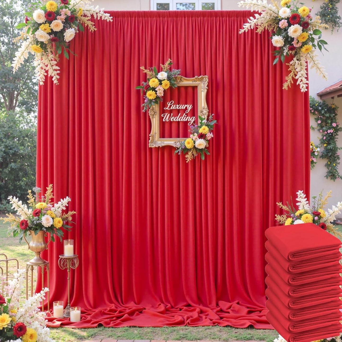40×12ft Wrinkle Free Red Backdrop Curtain for Wedding Parties,8 Panels 5×12ft Long Soft Silky Polyester Backdrop Drapes Red Photo Back Drop Curtains for Photography Stage Christmas Background Cloth