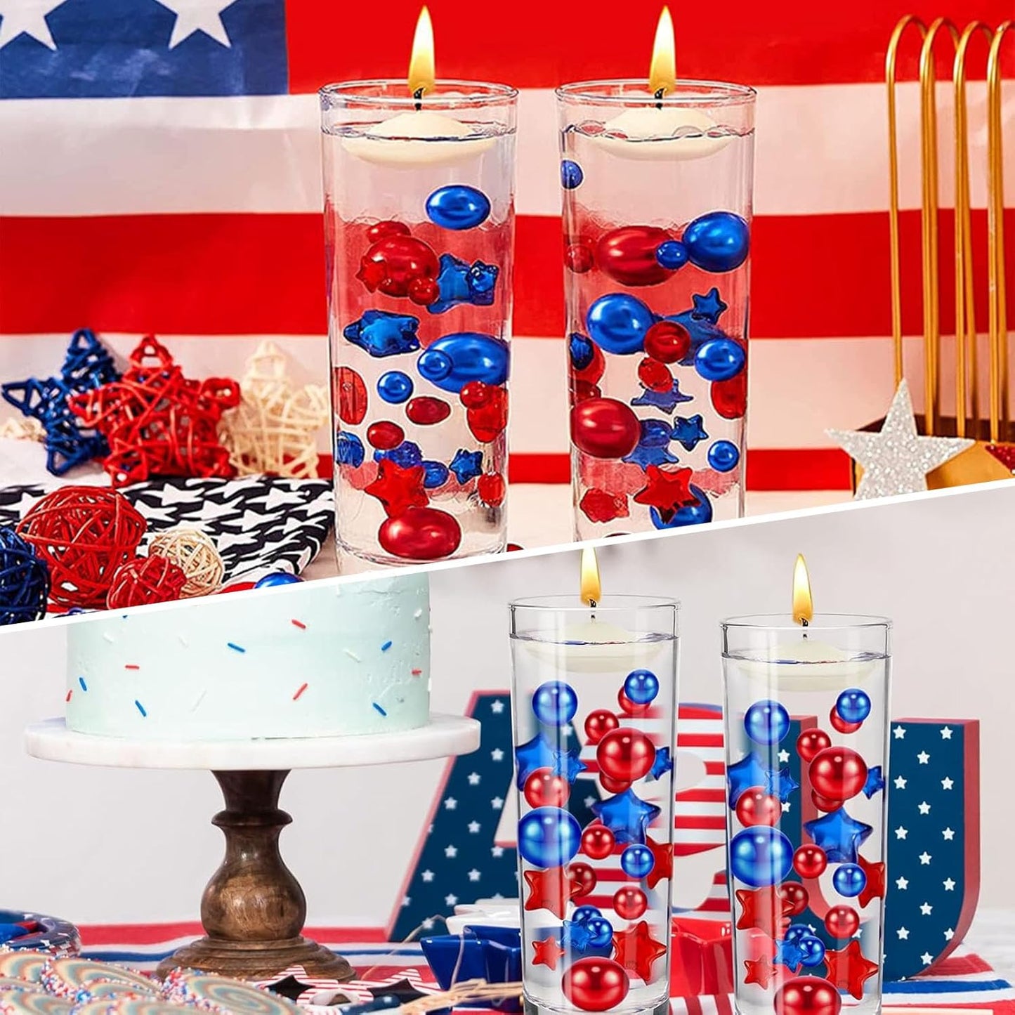 100PCS Red Blue Faux Pearls Beads for Centerpiece Vases, Vase Filler Faux Pearls, No Holes Filler Beads for Independence Day Party Anniversary Fourth of July Table Decor, 14/20/30mm