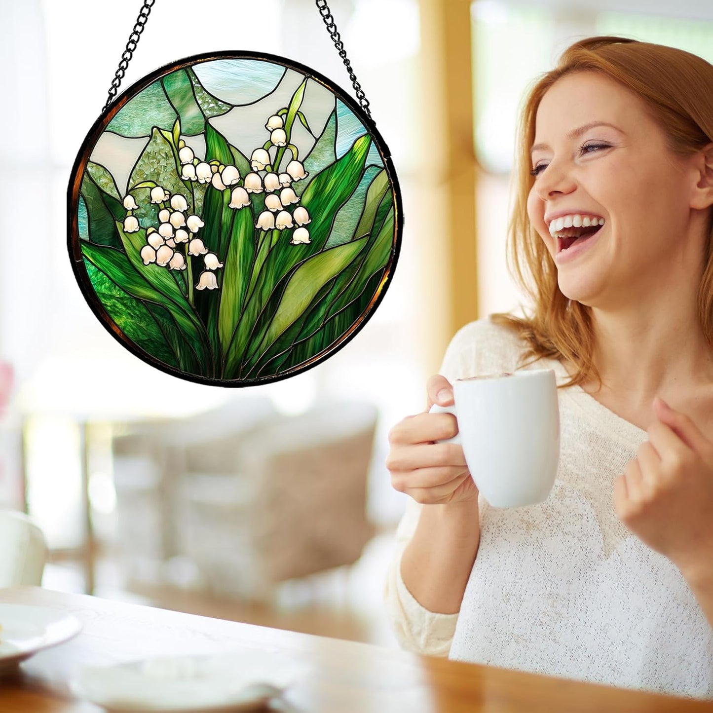 Stained Glass Window Hanging - White Green Lily of The Valley Suncatcher for Doors Garden Terrace Plant Sun Catchers Decor Mother's Day Birthday Flowers Gifts for Women Men Mom 6.3 in
