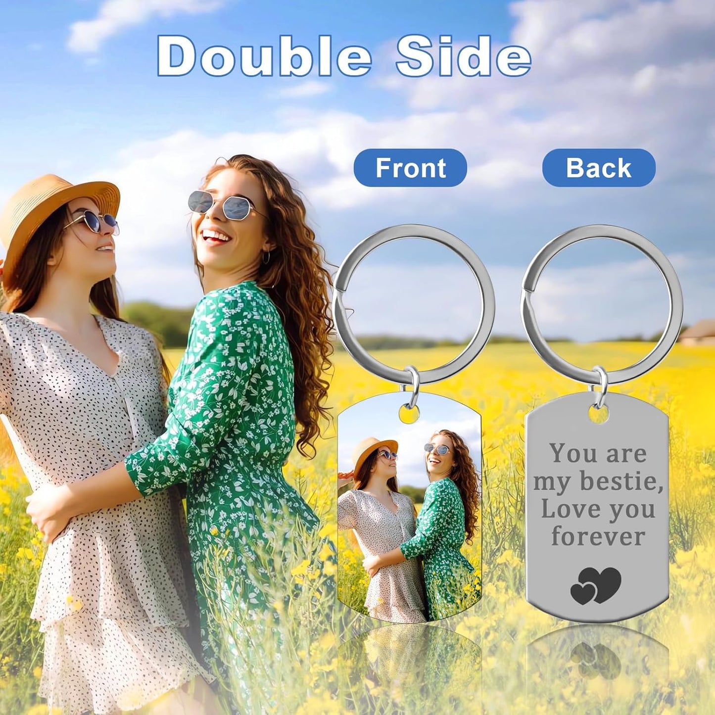 Double Side Custom Keychain with Picture Personalized Engraving Photo Text Customized Gifts for Men Women